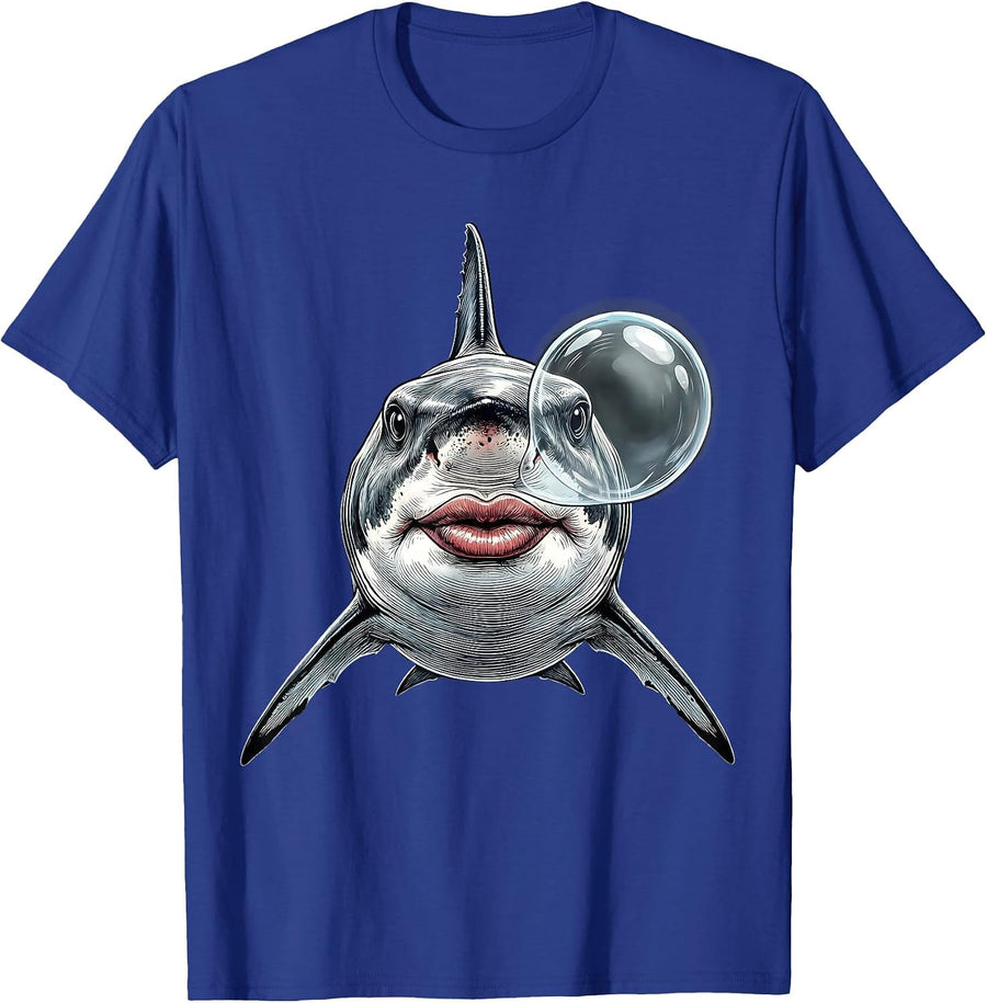 Womens Shark Red Lipstick Bubble Blowing Graphic T-Shirt - Royal Blue