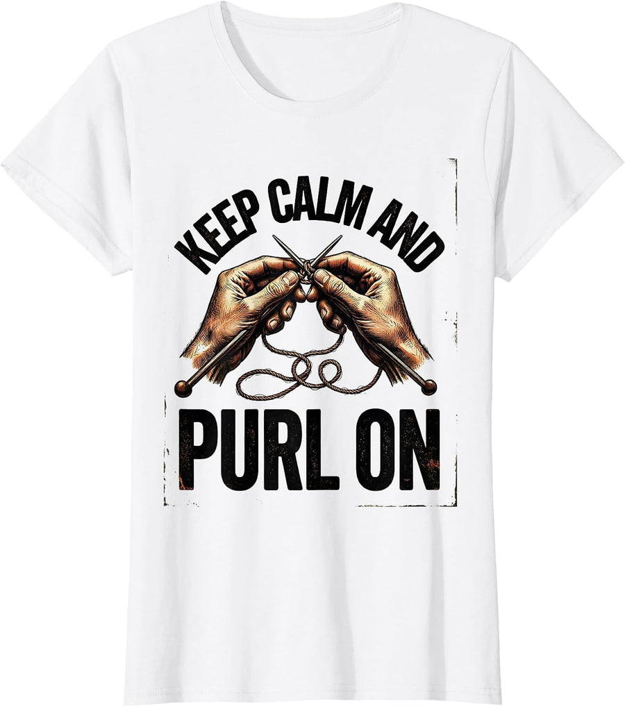 Women's Keep Calm And Purl On Vintage Knitting Humor T-Shirt - White