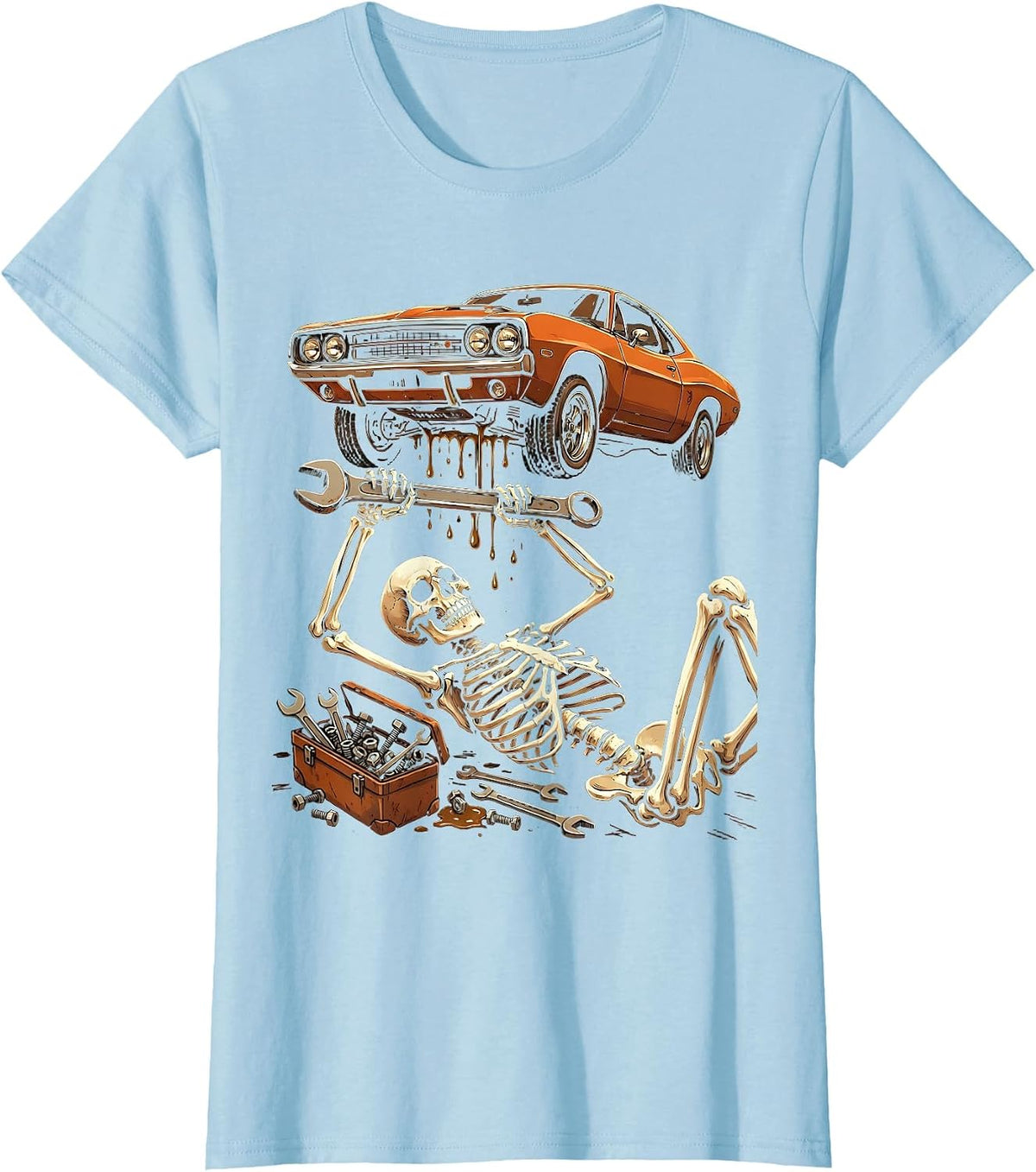 Women's Skeleton Mechanic Under Raised Car Graphic T-Shirt - Baby Blue