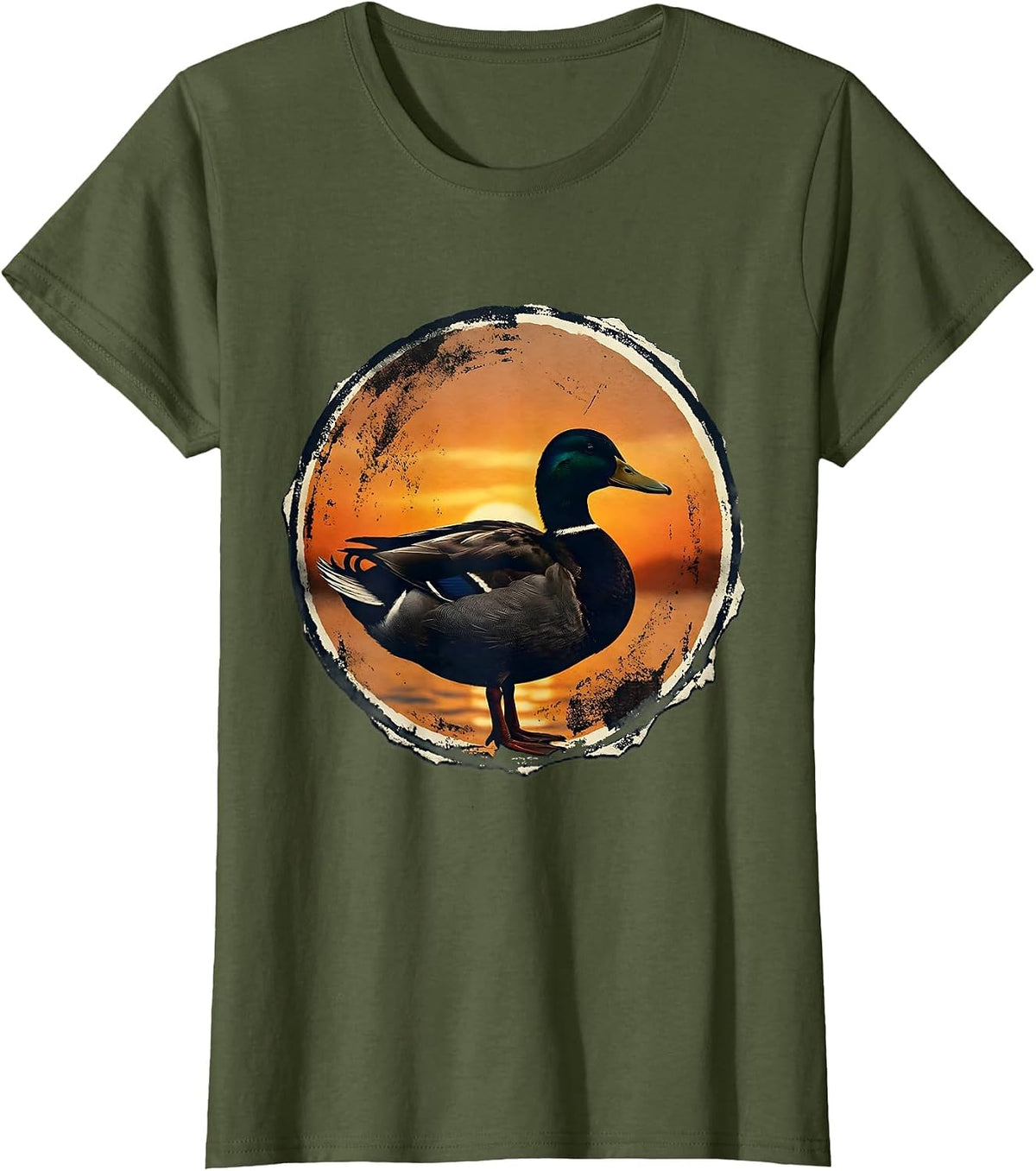 Women's Duck Silhouette Sunset Nature Graphic T-Shirt - Olive Green
