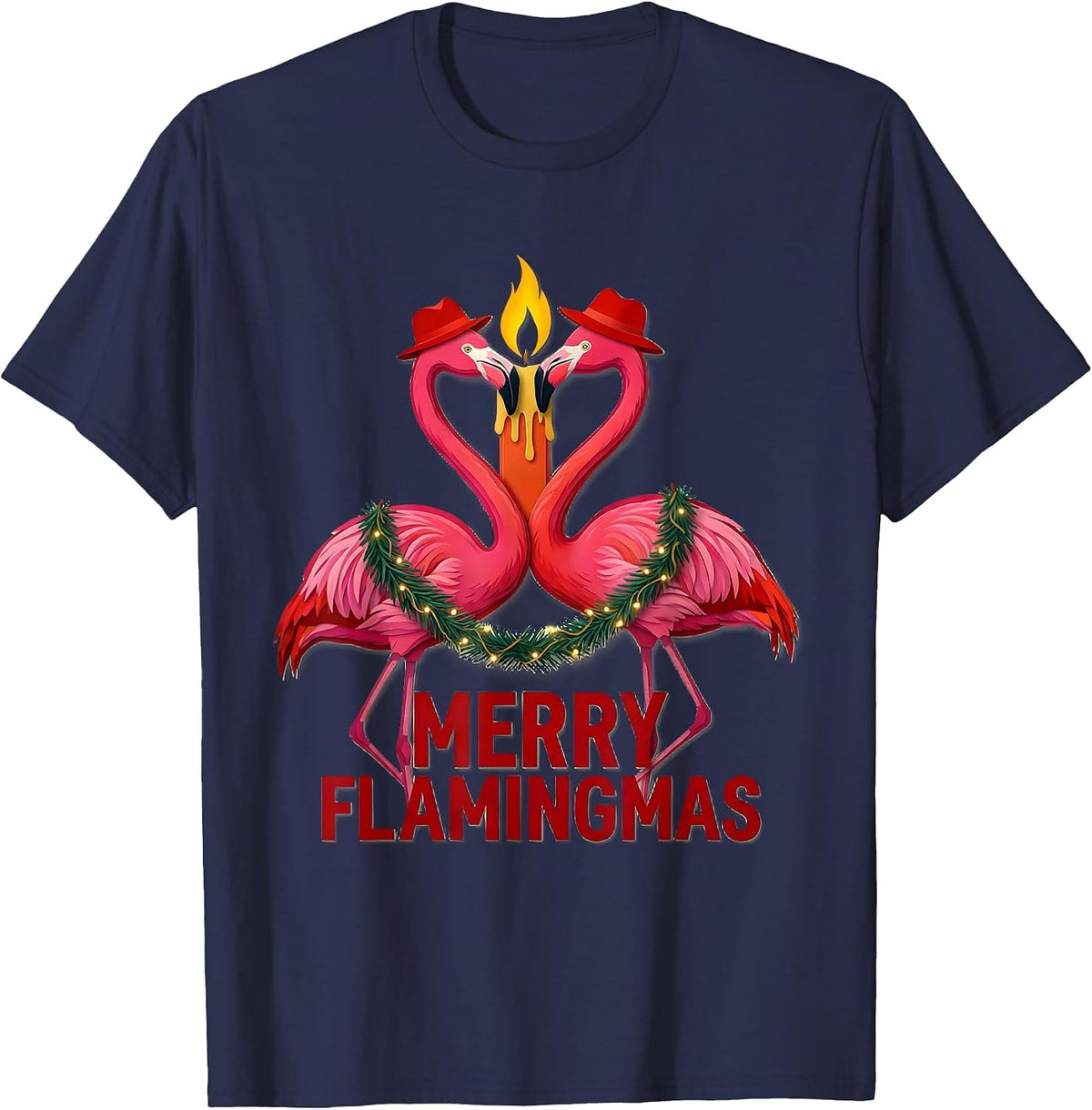 Merry Flamingmas Pink Flamingo Christmas Pun Holiday Pajamas T-Shirt - Navy Blue