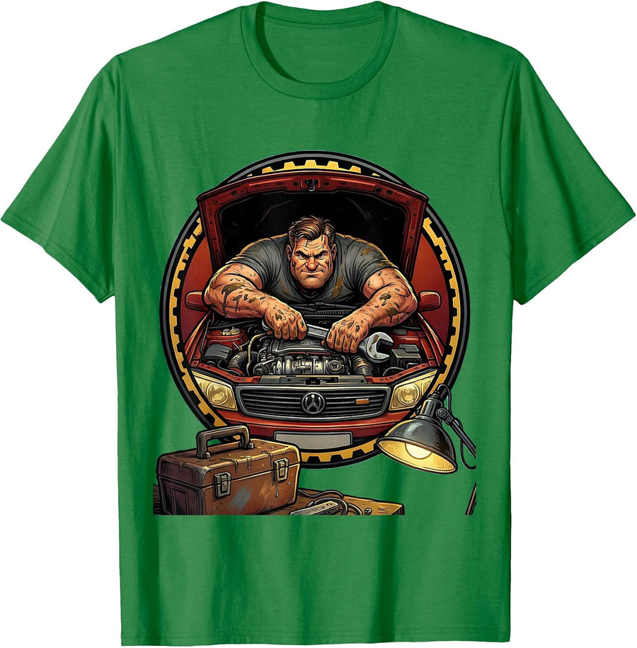 Men's Classic Car Engine Repair Garage Mechanic Dad Tee T-Shirt - Kelly Green