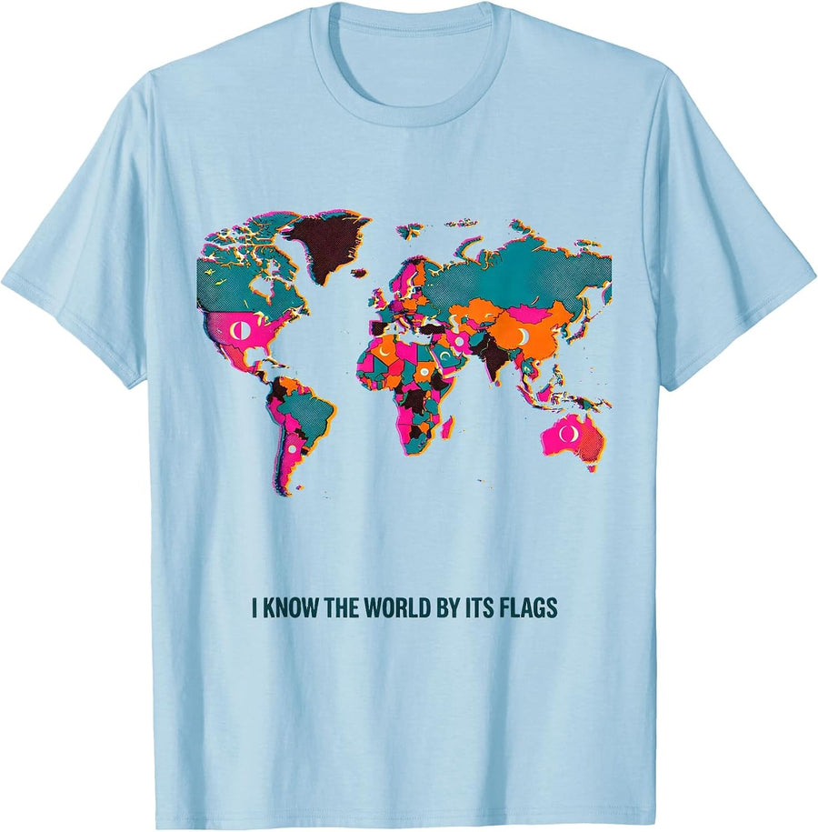 Men's I Know The World By Its Flags Geography Enthusiast Teacher T-Shirt - Baby Blue