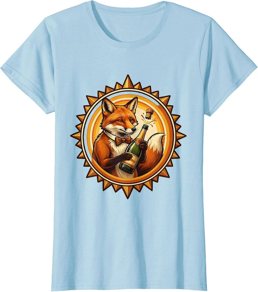 Women's Party Animal Fox Champagne Celebration Graphic T-Shirt - Baby Blue