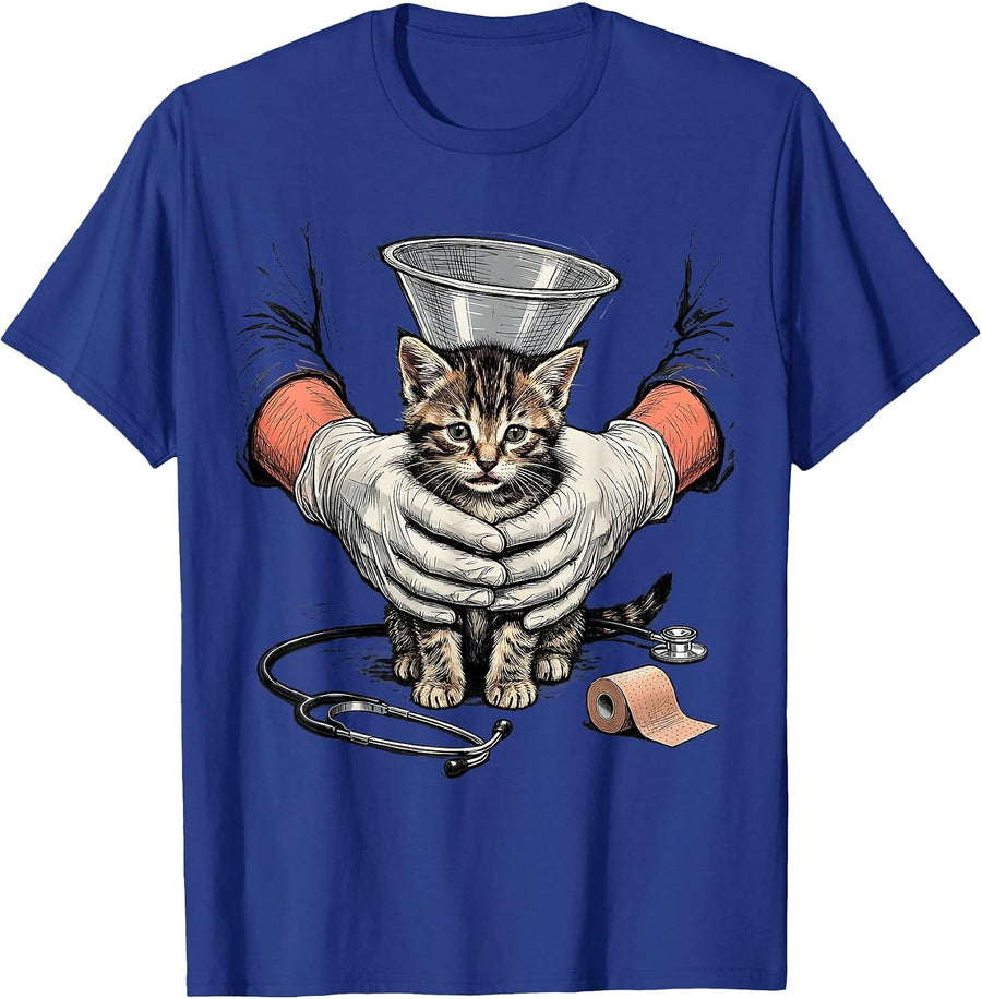 Cat Recovery Cone Veterinary Tech Vet Assistant Animal Care T-Shirt - Royal Blue