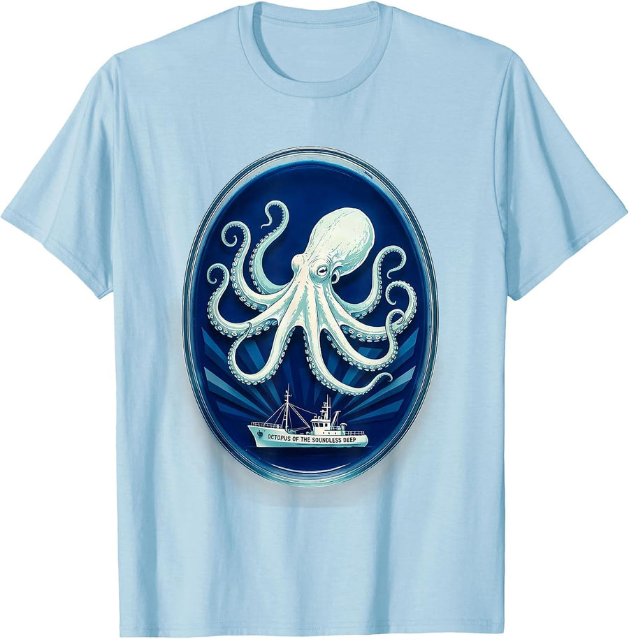 Men's Octopus of the Soundless Deep Cyanotype Ocean Animal Lover T-Shirt - Baby Blue