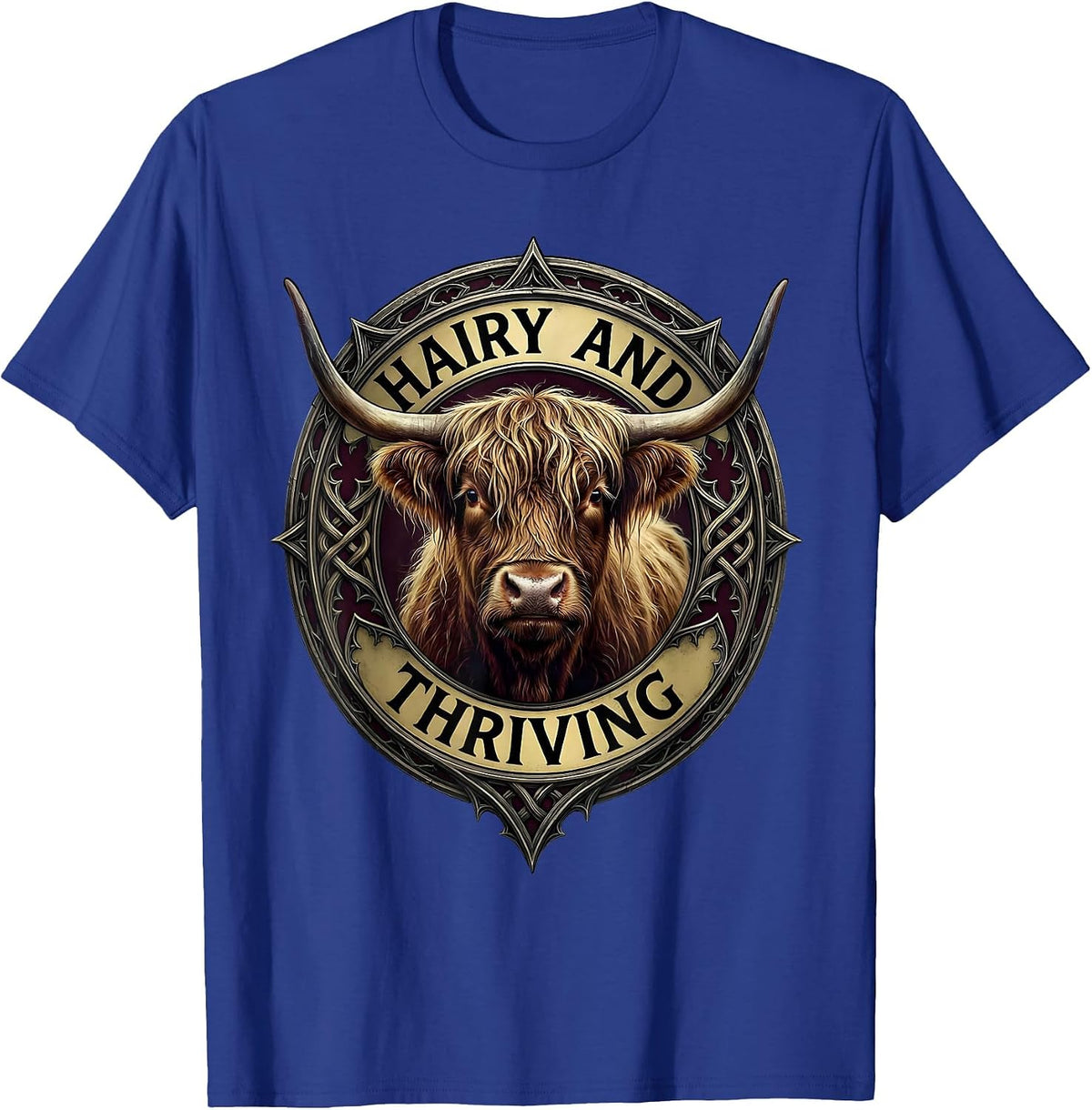 Hairy and Thriving Highland Cow Design T-Shirt - Royal Blue