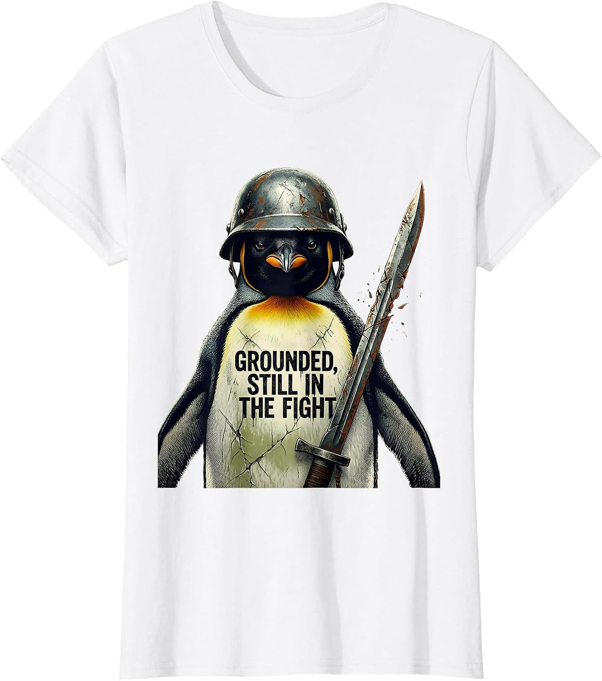 Women's Grounded, Still In The Fight Funny Tactical Penguin Military T-Shirt - White