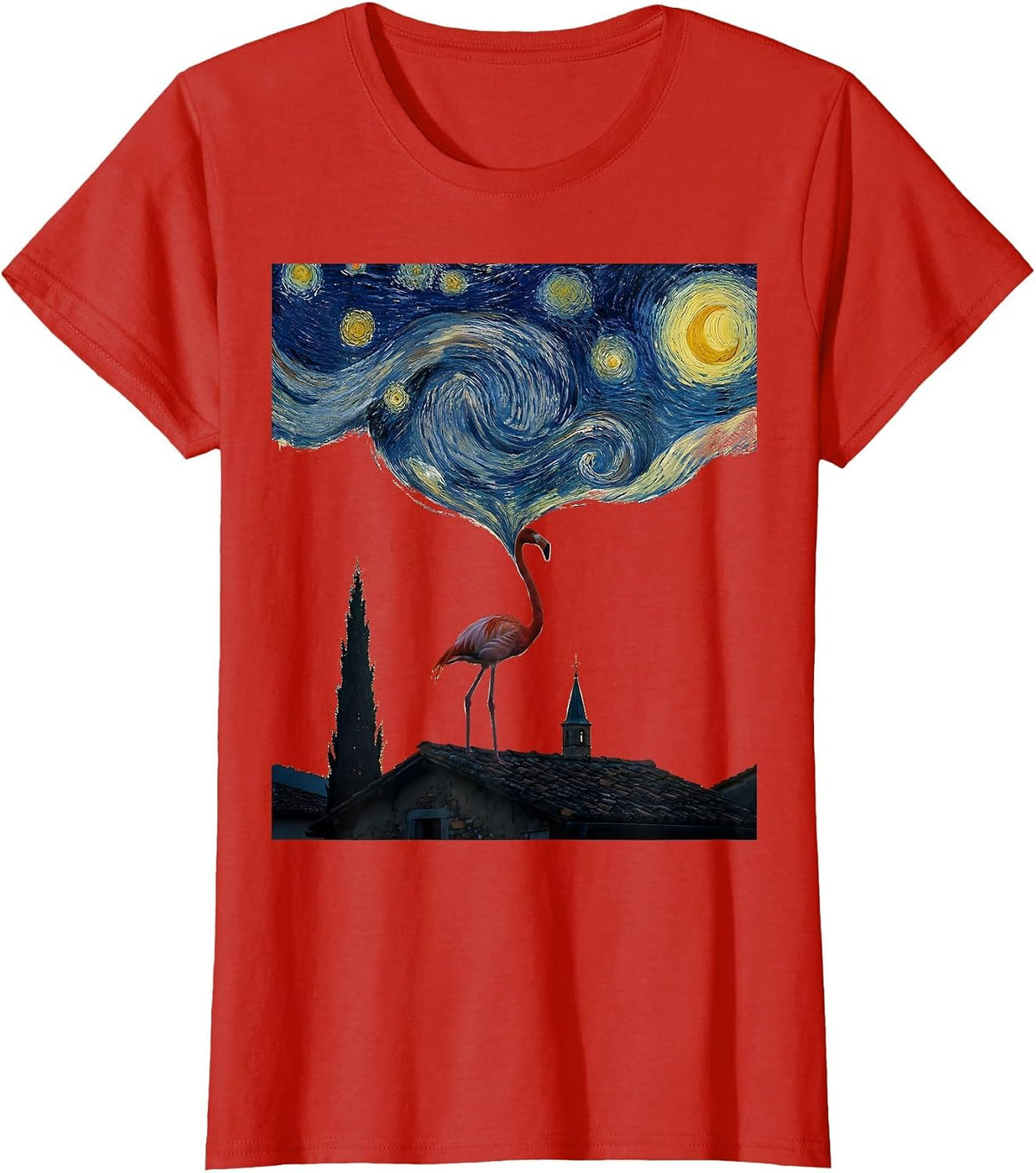 Flamingo Starry Night Minimalist Cat Lover Art Parody T-Shirt - Red