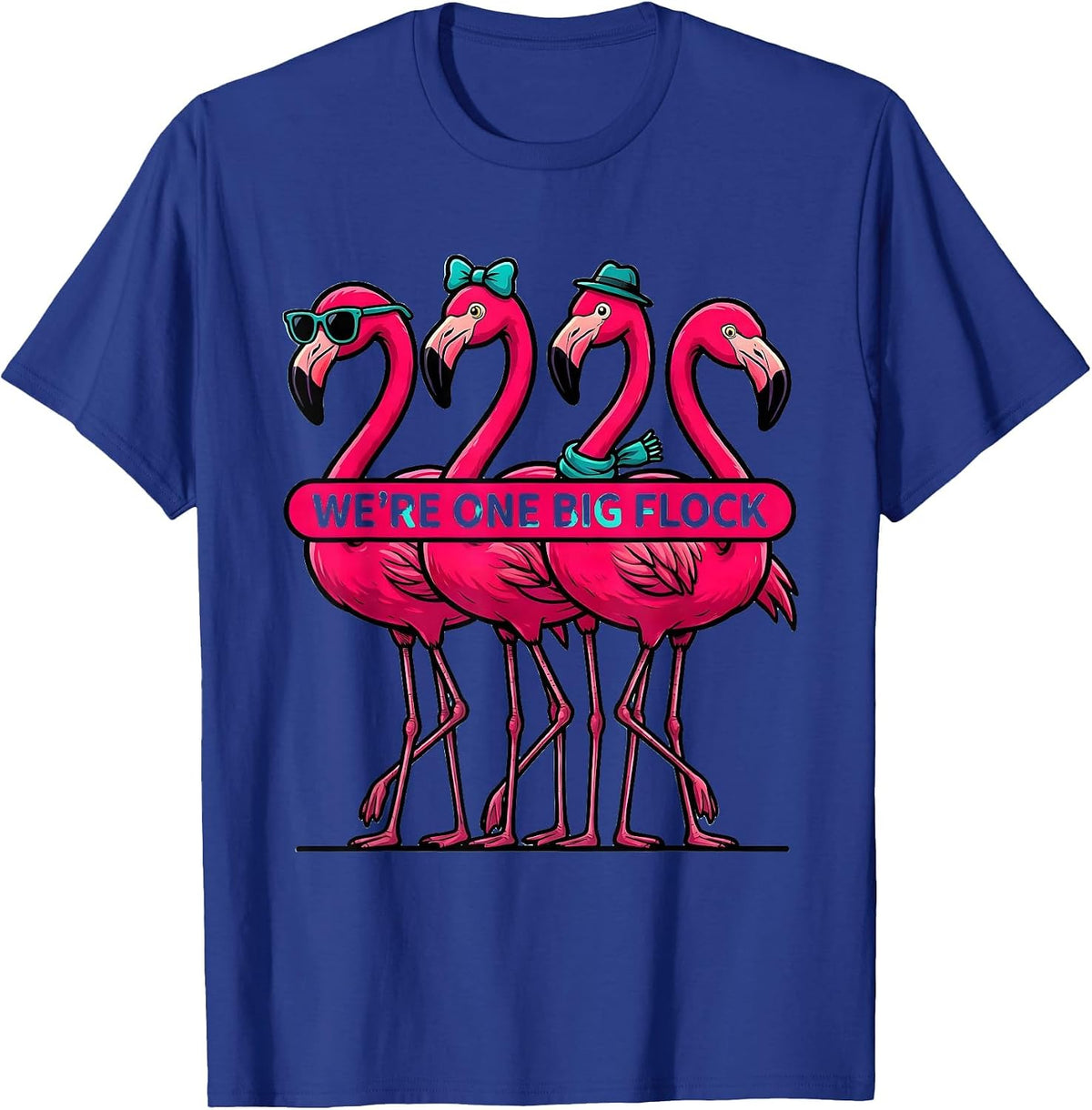 Men's We're One Big Flock Cartoon Flamingo Novelty Bird Lover Gift T-Shirt - Royal Blue