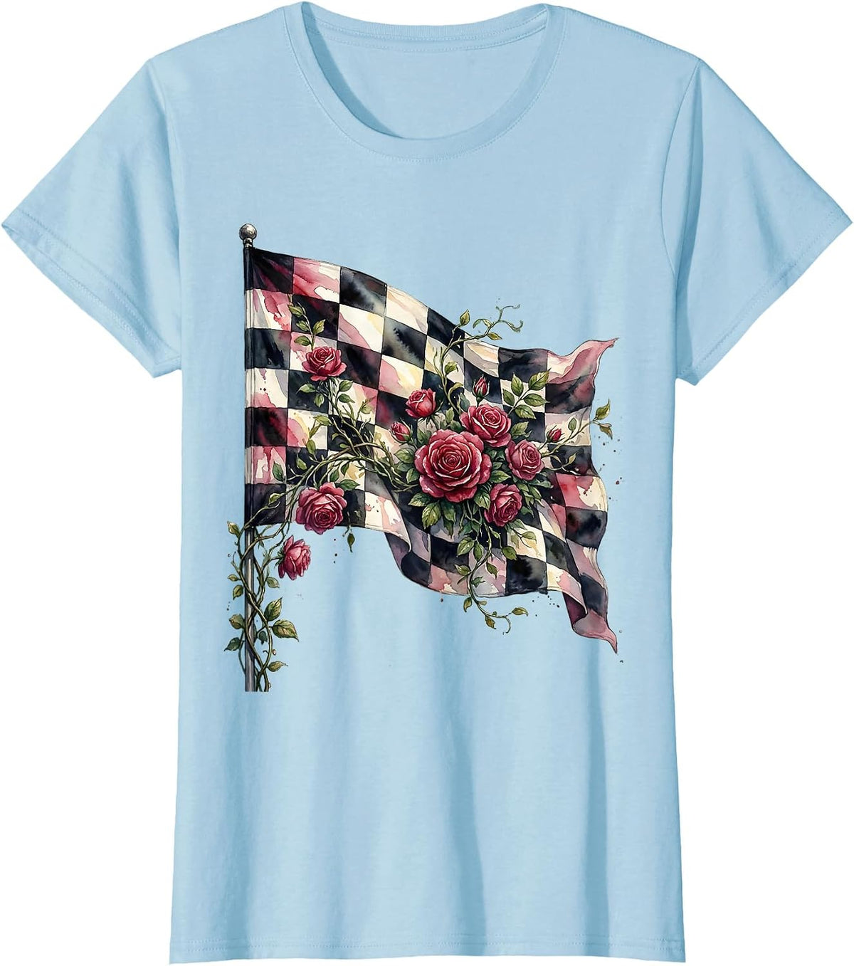 Derby Floral Checkered Flag Climbing Roses Design T-Shirt - Baby Blue