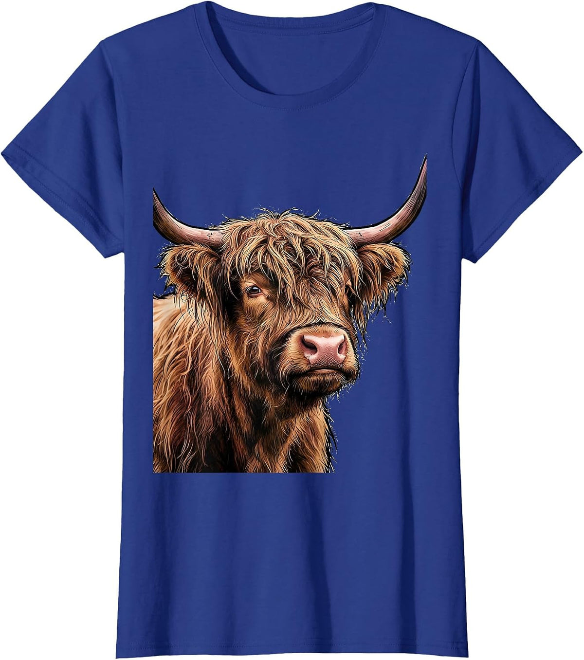 Women's Shaggy Highland Cow Head Farm Animal Humor Novelty T-Shirt - Royal Blue
