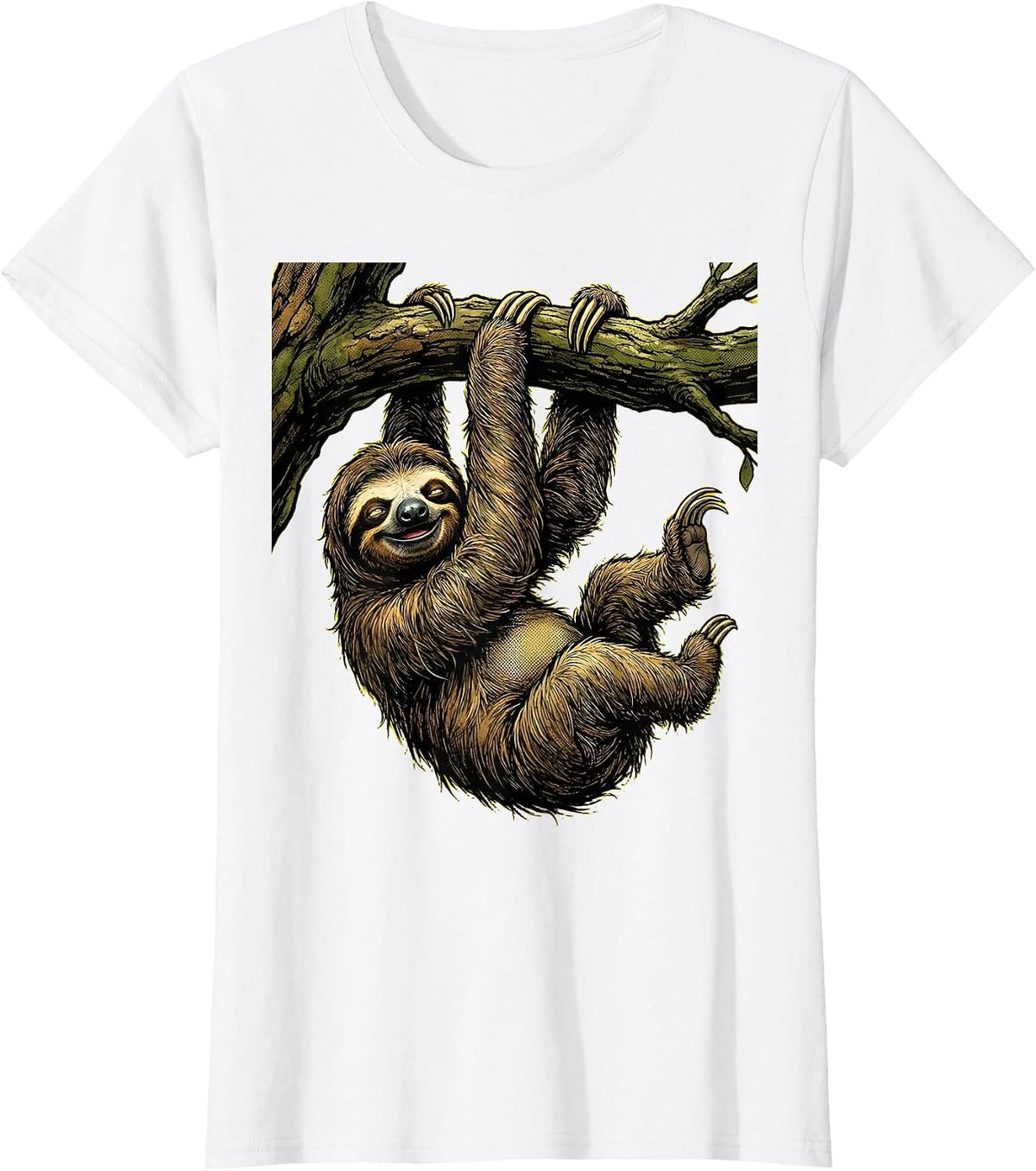 Women's Lazy Sloth Hanging From Tree Branch T-Shirt - White