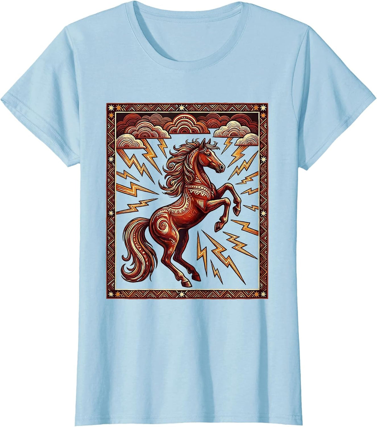 Rearing Horse Lightning Storm Western Graphic T-Shirt - Baby Blue