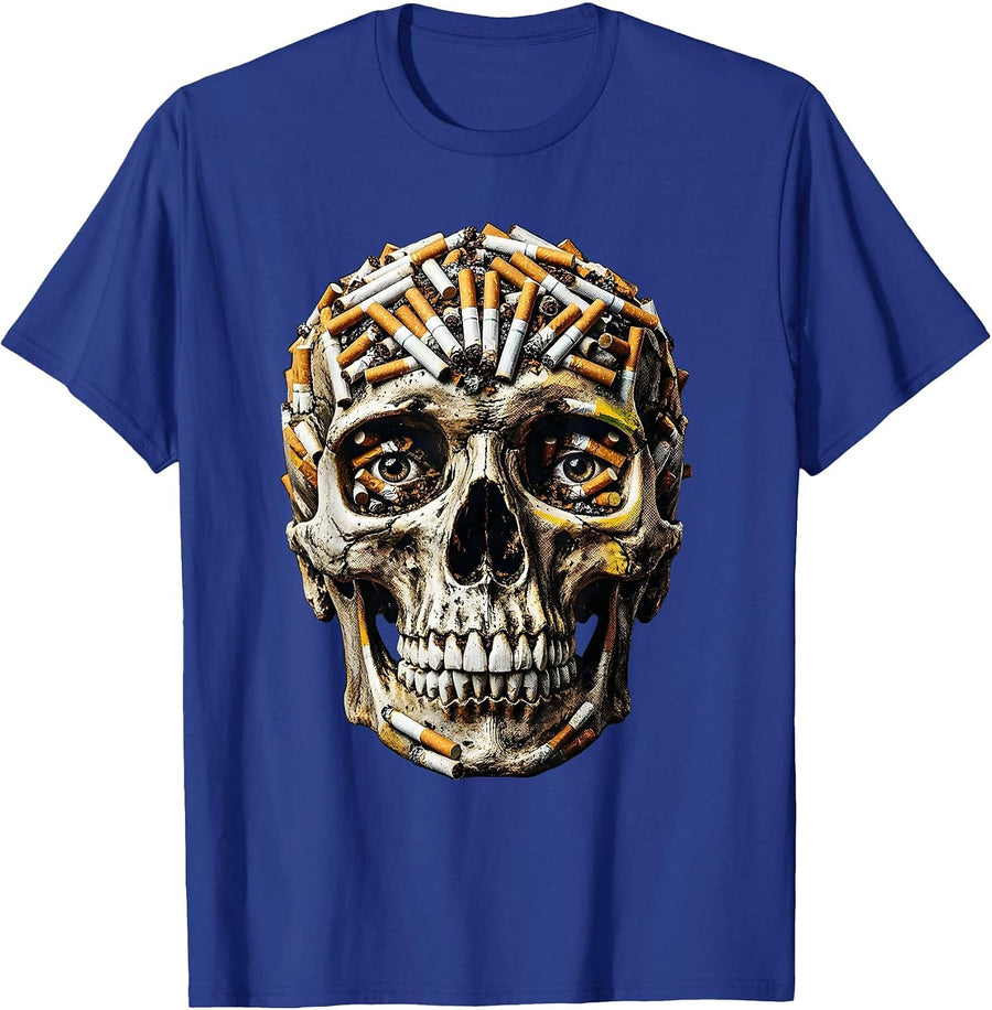 Grunge Cigarette Skull Graphic Design T-Shirt - Royal Blue