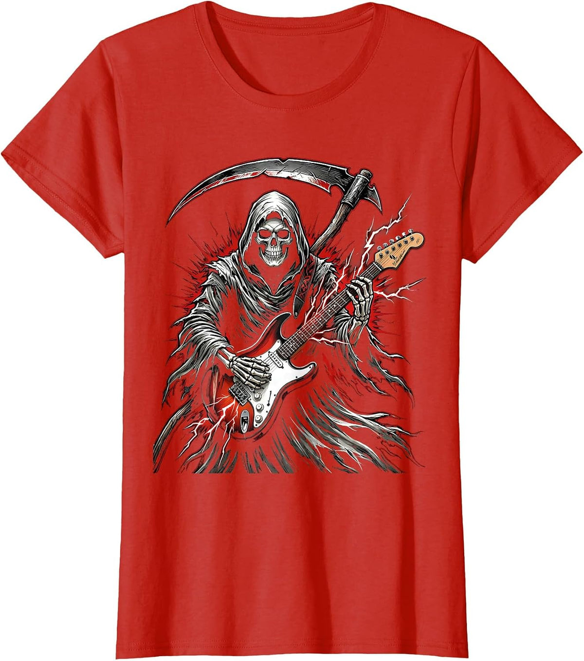 Women's Grim Reaper Electric Guitar Rock Halloween Design T-Shirt - Red