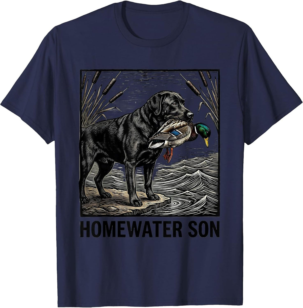 Men's Homewater Son Woodcut Engraving Black Labrador Duck Hunting T-Shirt - Navy Blue