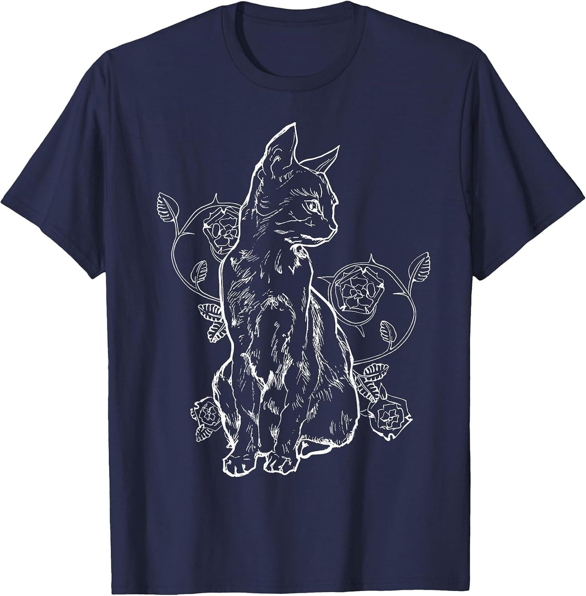 Black Roses Alt Aesthetic Nu Goth Teen Goth Cat T-Shirt - Navy Blue