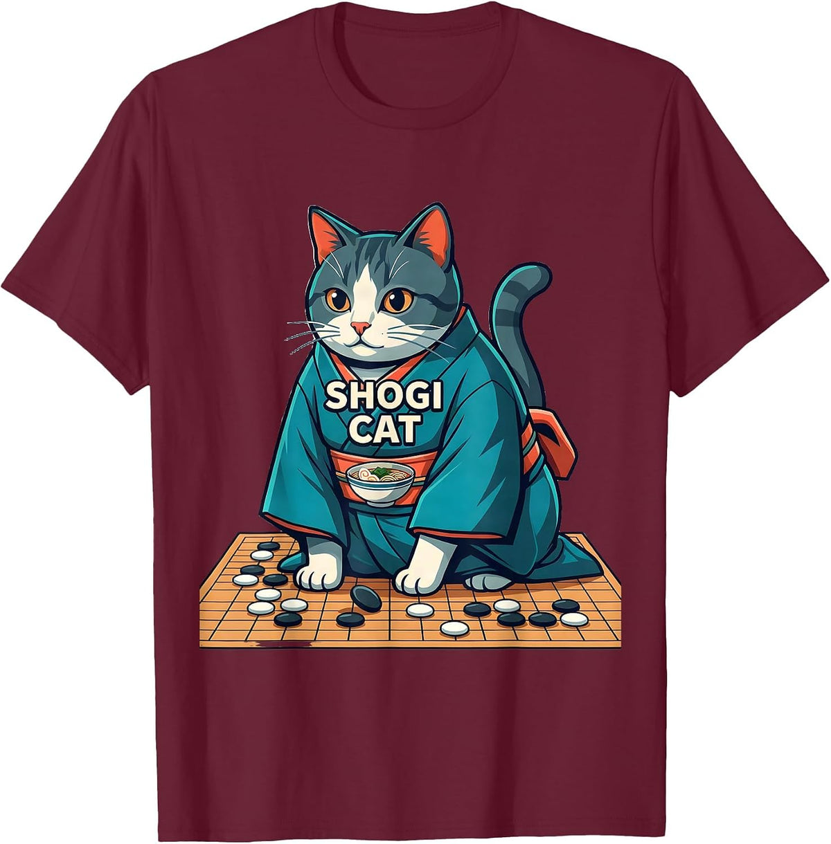 Men's Shogi Cat Funny Anime Gaming Ramen Cat Lover Gift T-Shirt - Burgundy