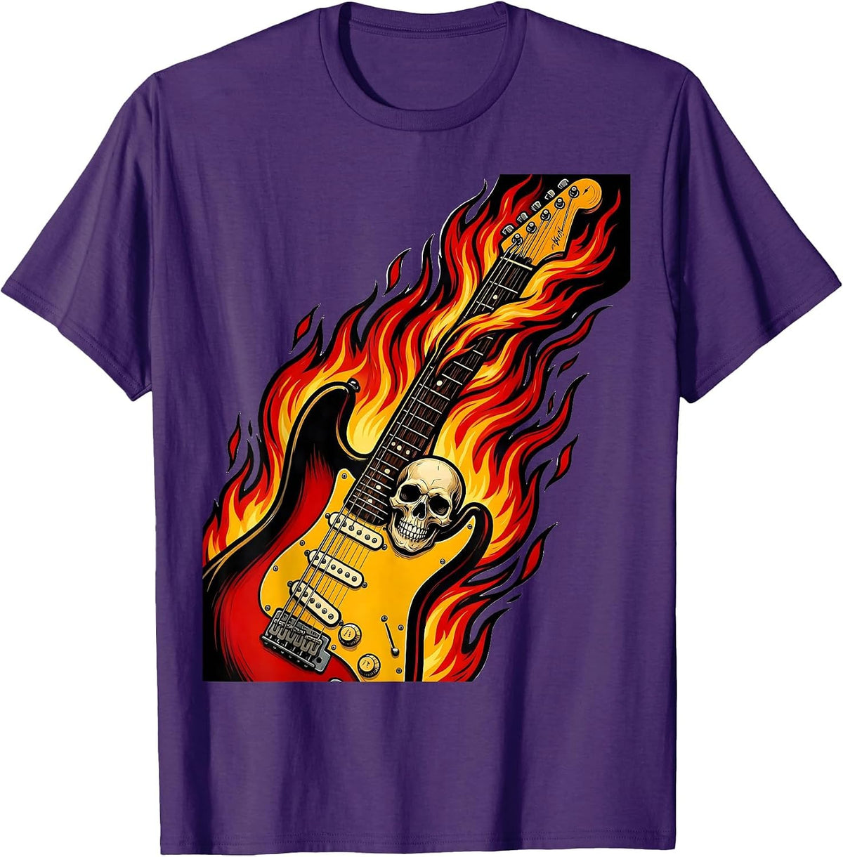 Flaming Electric Guitar Rock Band Graphic T-Shirt - Purple