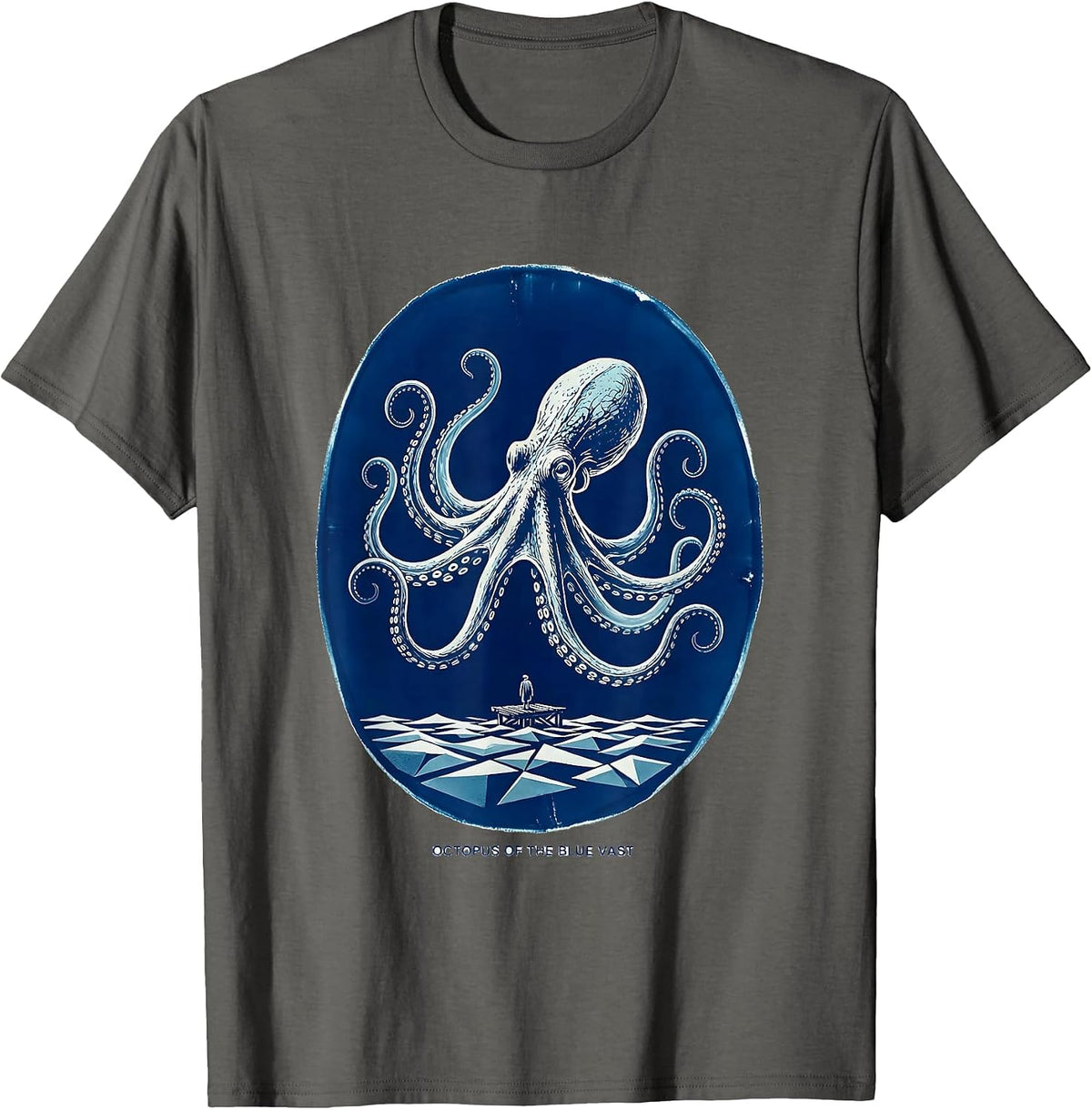 Men's Octopus of the Blue Vast Cyanotype Ocean Animal Lover Art T-Shirt - Asphalt Grey