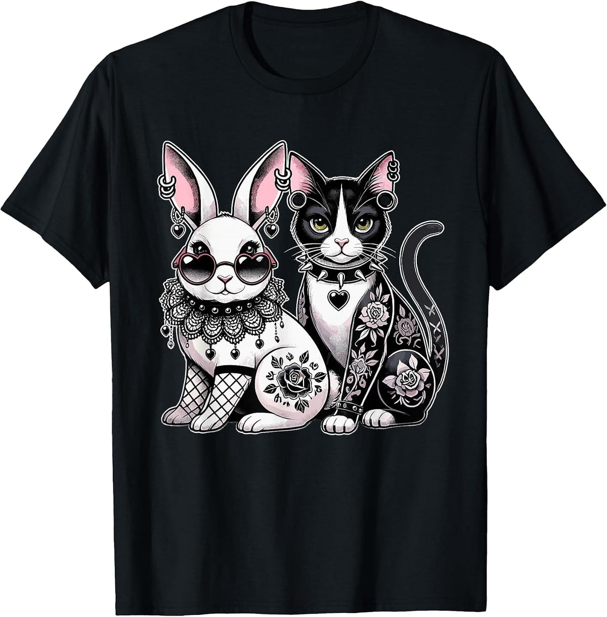 Gothic Punk Cat & Bunny with Tattoos & Piercings T-Shirt - Black