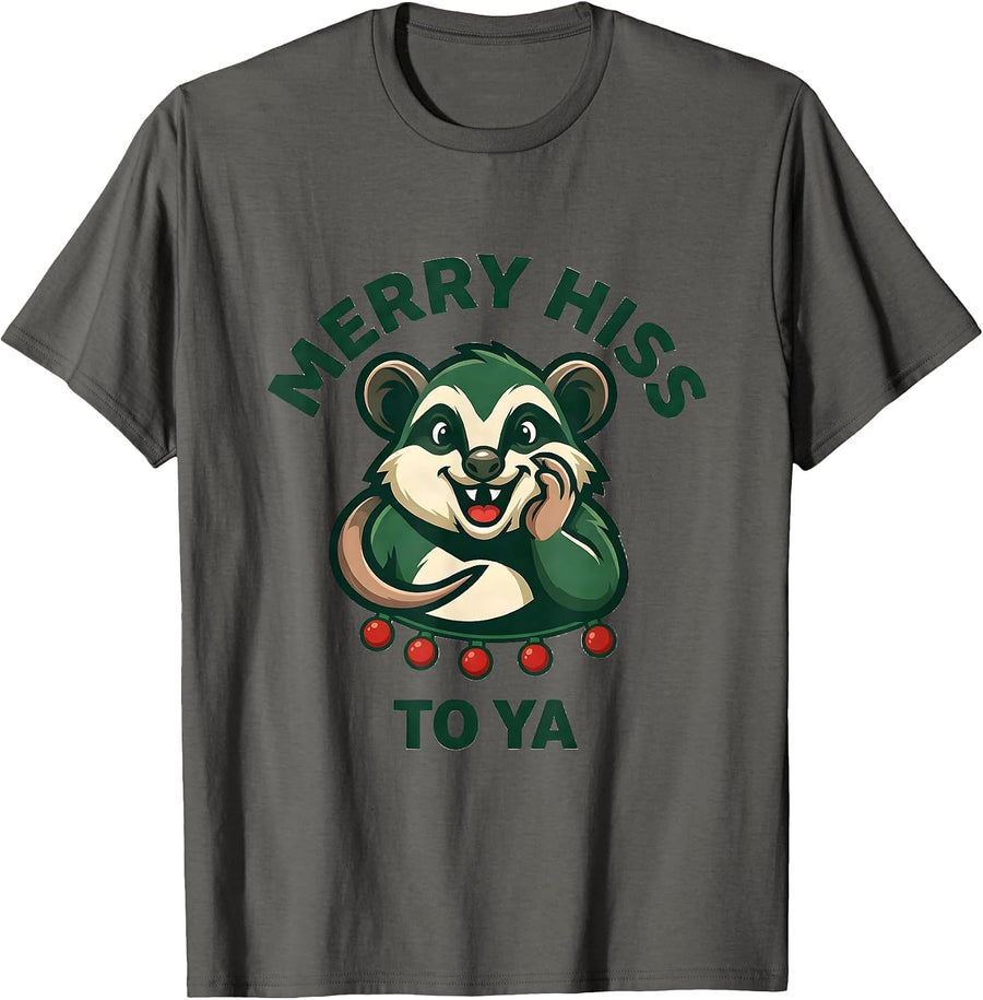 Merry Hiss To Ya Funny Opossum Ugly Sweater Christmas Humor T-Shirt - Asphalt Grey