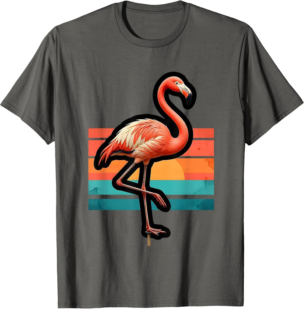 Oversized Flamingo Flat Cartoon Novelty Summer Vacation T-Shirt - Asphalt Grey