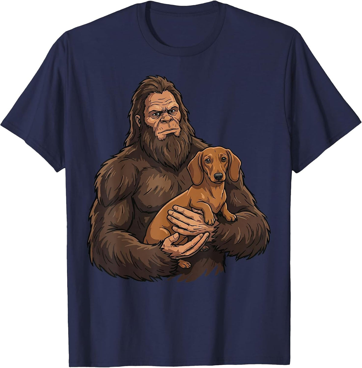 Bigfoot Holding Dachshund T-Shirt - Navy Blue