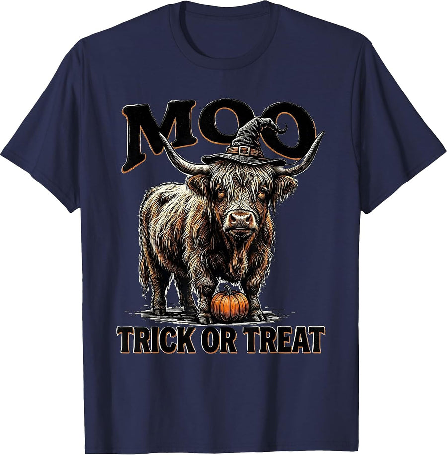 Moo, Trick Or Treat Whimsical Highland Cow Halloween Humor T-Shirt - Navy Blue