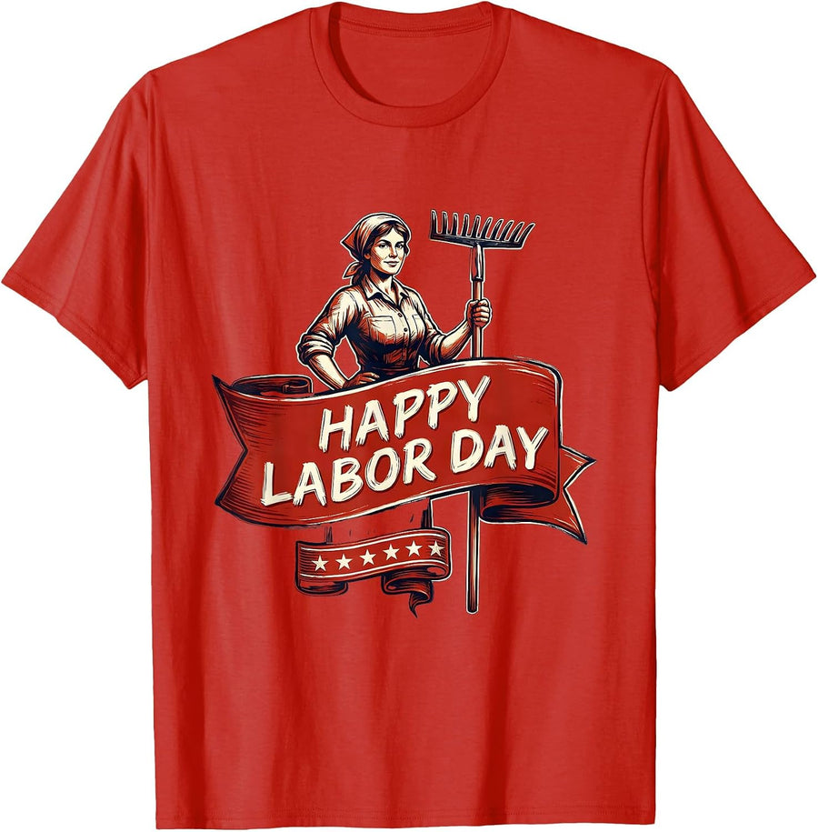 Men's Happy Labor Day Patriotic Woman Sign Painter Messy Bun T-Shirt - Red