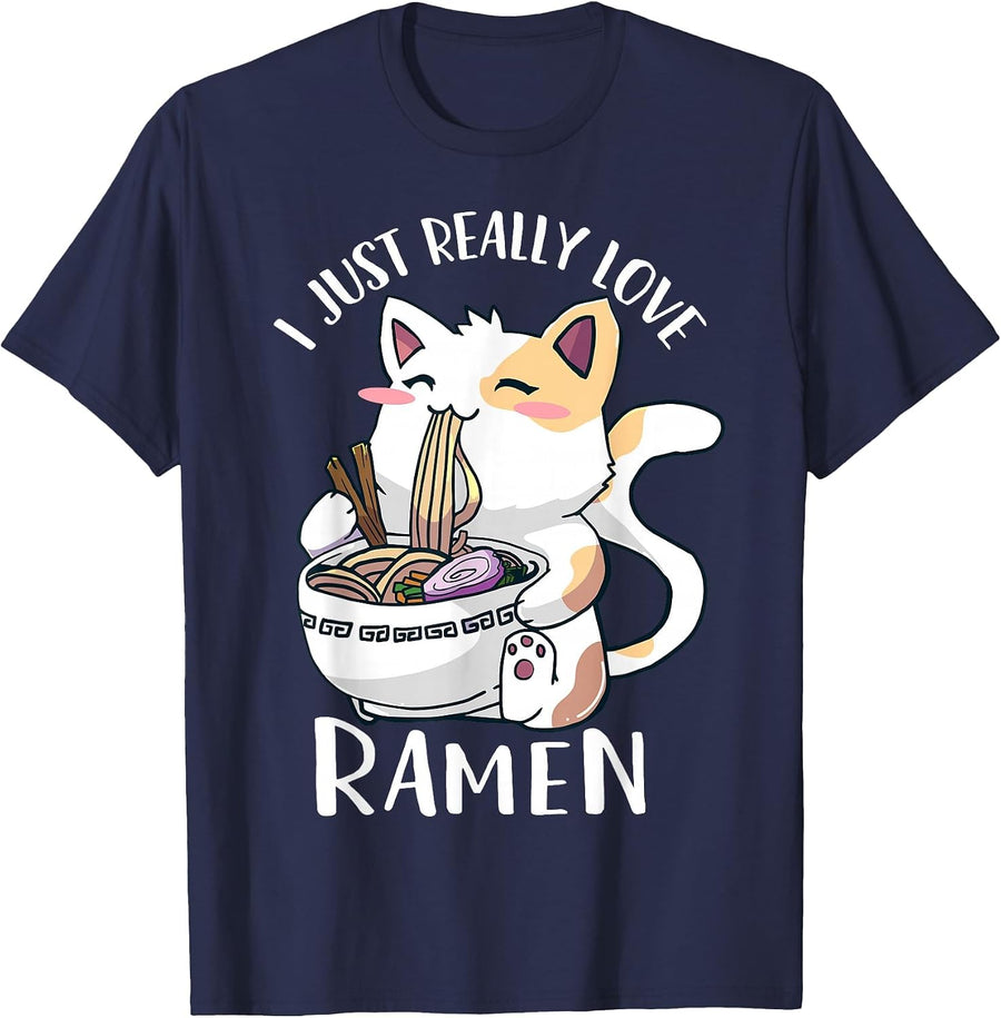 I Just Really Love Ramen Kawaii Anime Cat Ramen T-Shirt - Navy Blue