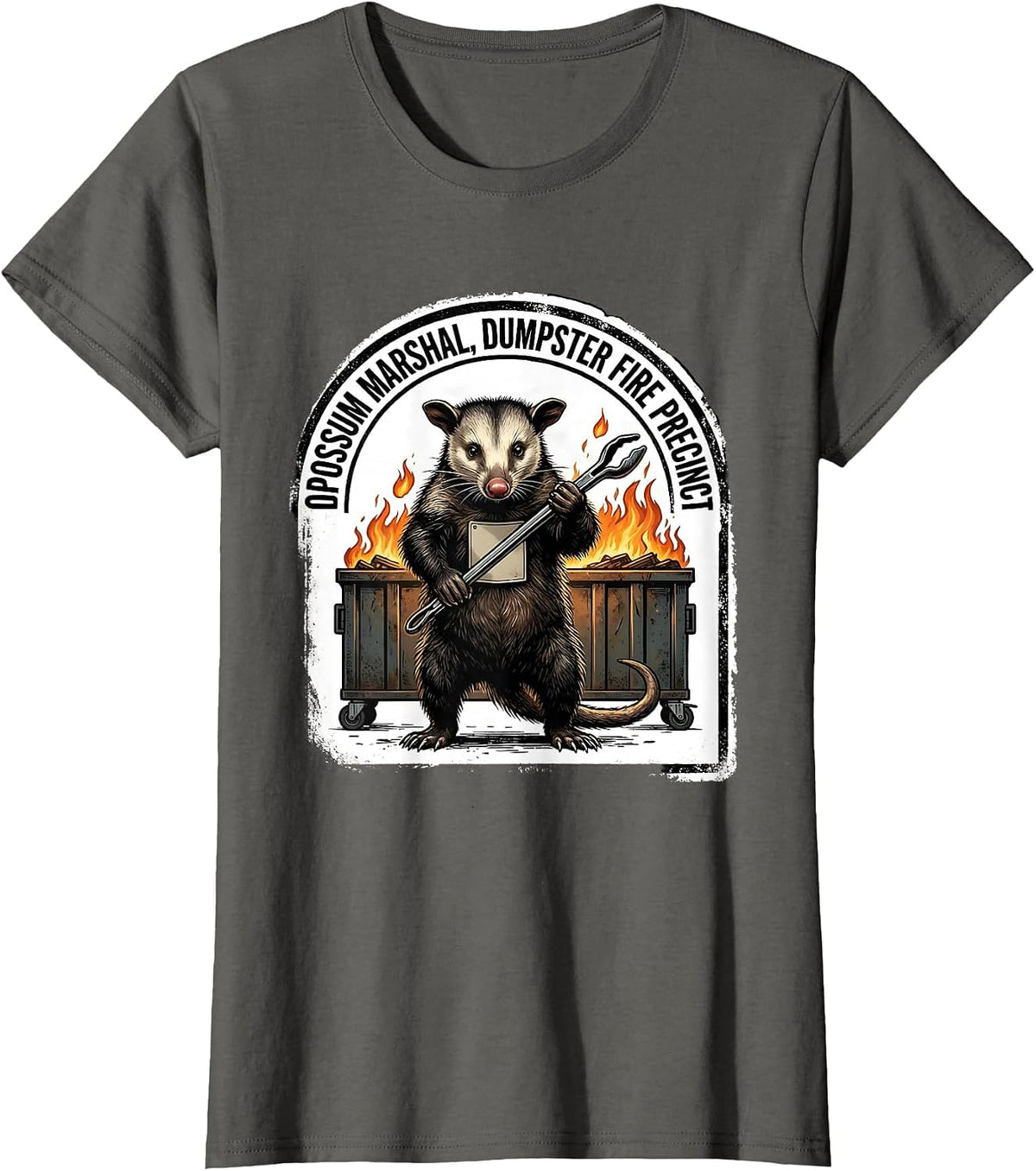 Women's Opossum Marshal Dumpster Fire Precinct Funny Office Humor T-Shirt - Asphalt Grey