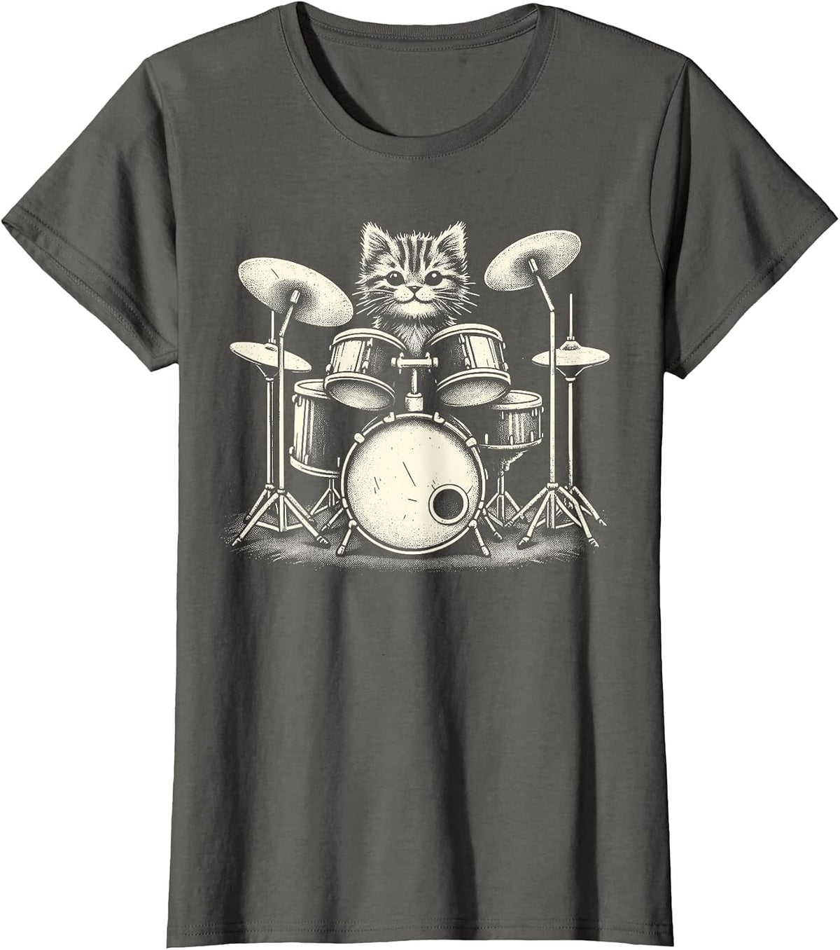 Cat Drummer Playing Drums T-Shirt - Asphalt Grey