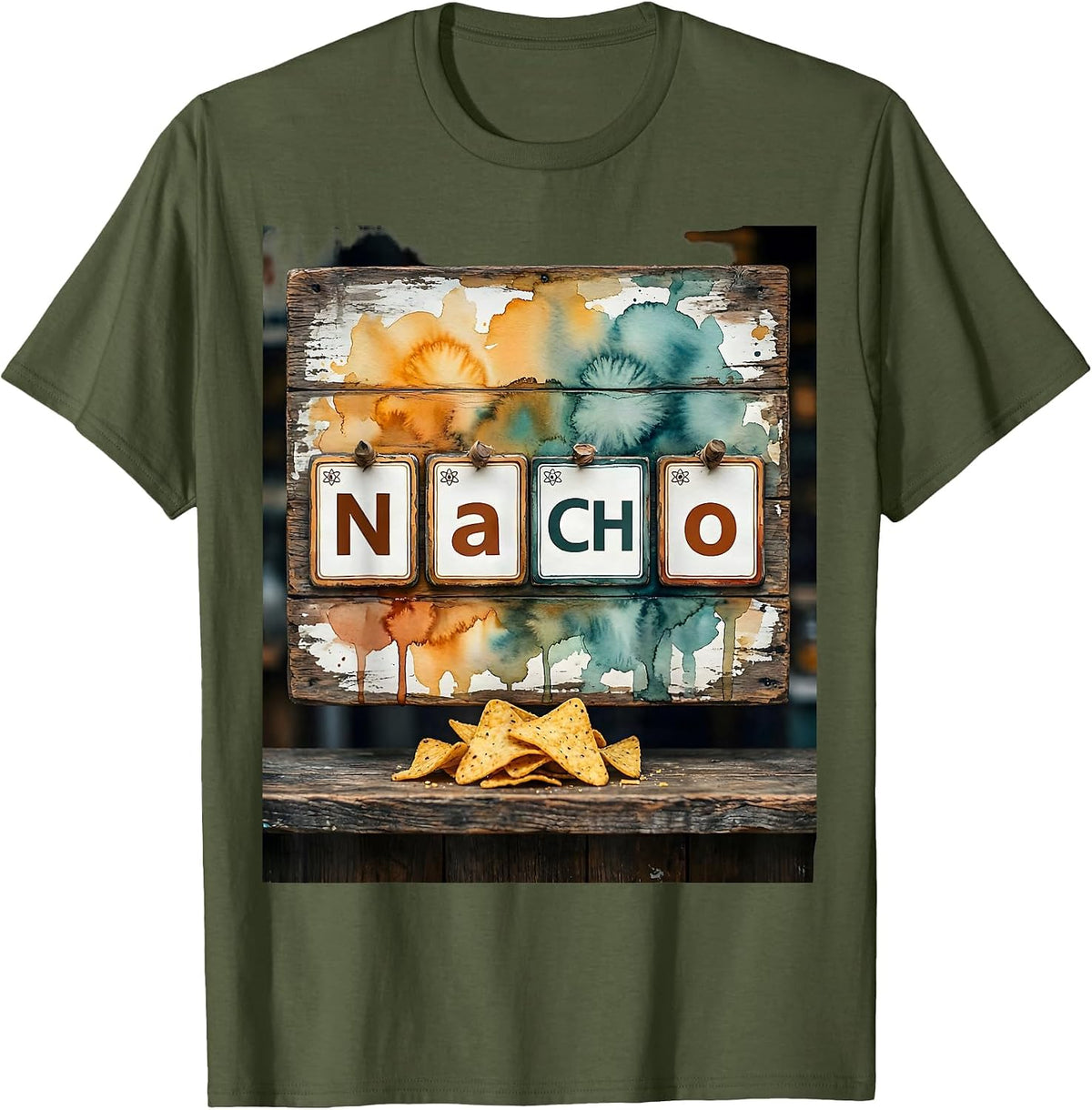 NaCHo Weathered Wooden Signboard Chemistry Pun Science T-Shirt - Olive Green