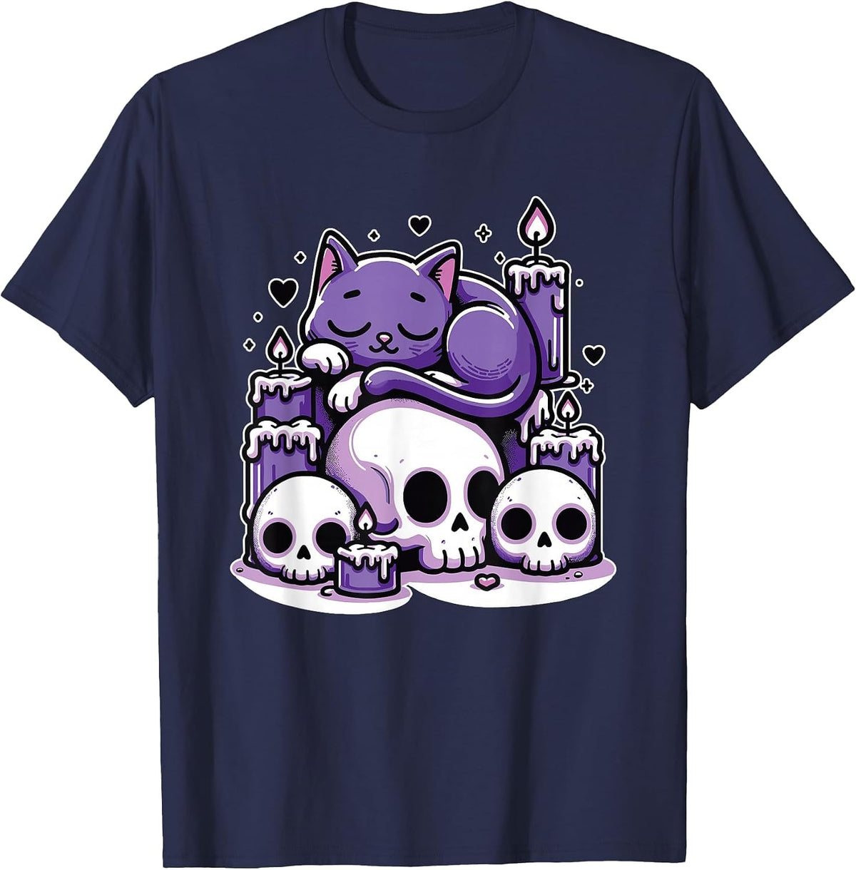 Kawaii Pastel Goth Cute Creepy Cat Candles Skeleton T-Shirt - Navy Blue