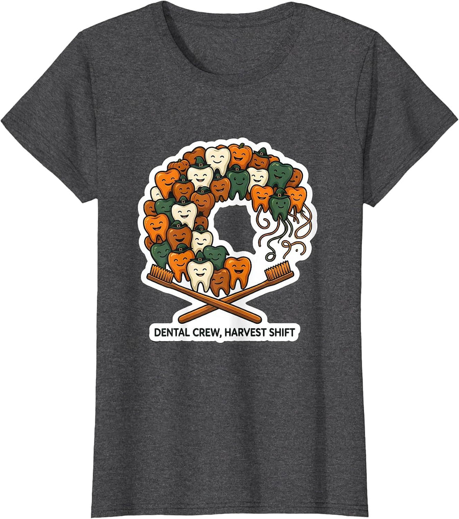 Women's Dental Crew Harvest Shift Funny Dental Team Holiday Crew T-Shirt - Dark Heather Grey