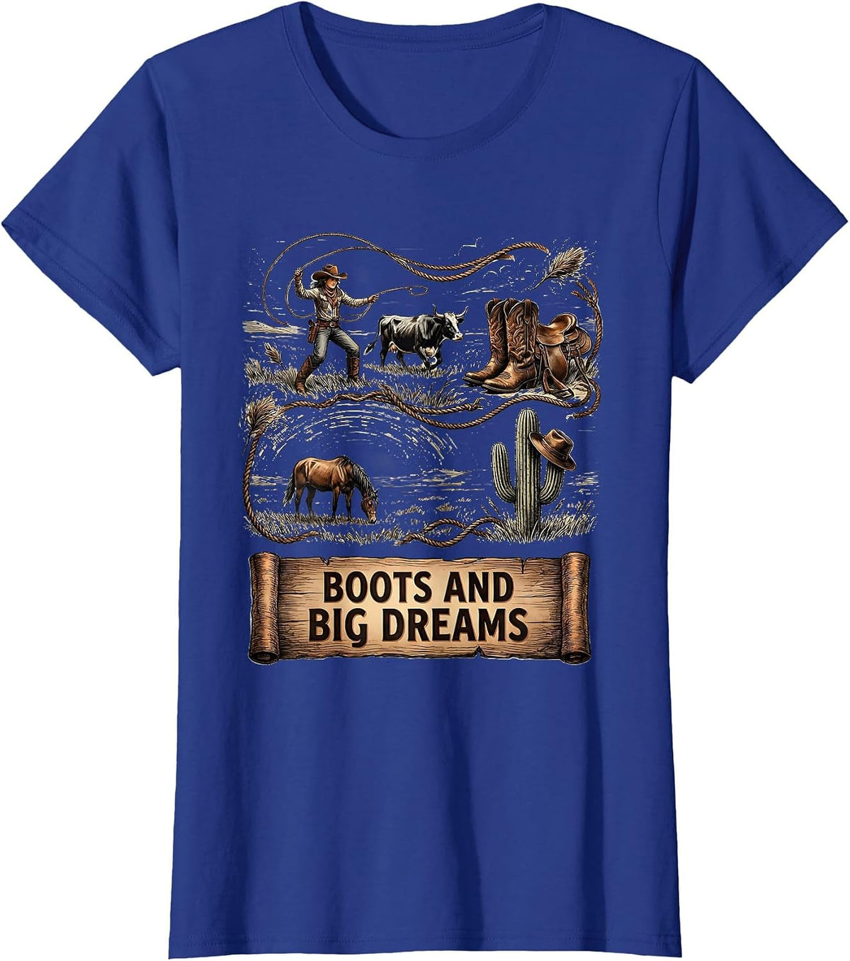 Women's Boots and Big Dreams Cowgirl Graphic Design T-Shirt - Royal Blue