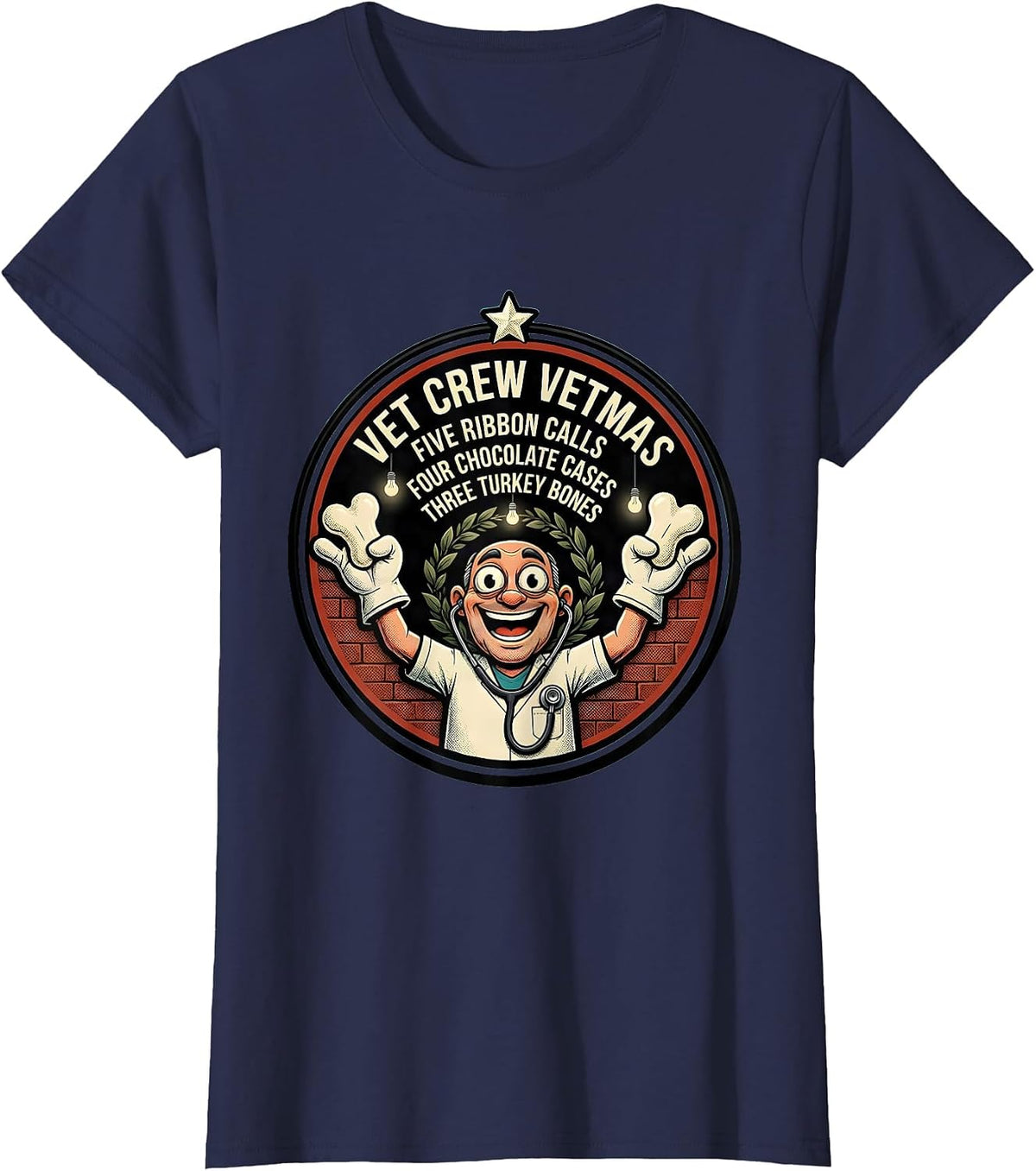 Women's Vet Crew Vetmas Retro Cartoon Veterinary Staff Christmas T-Shirt - Navy Blue