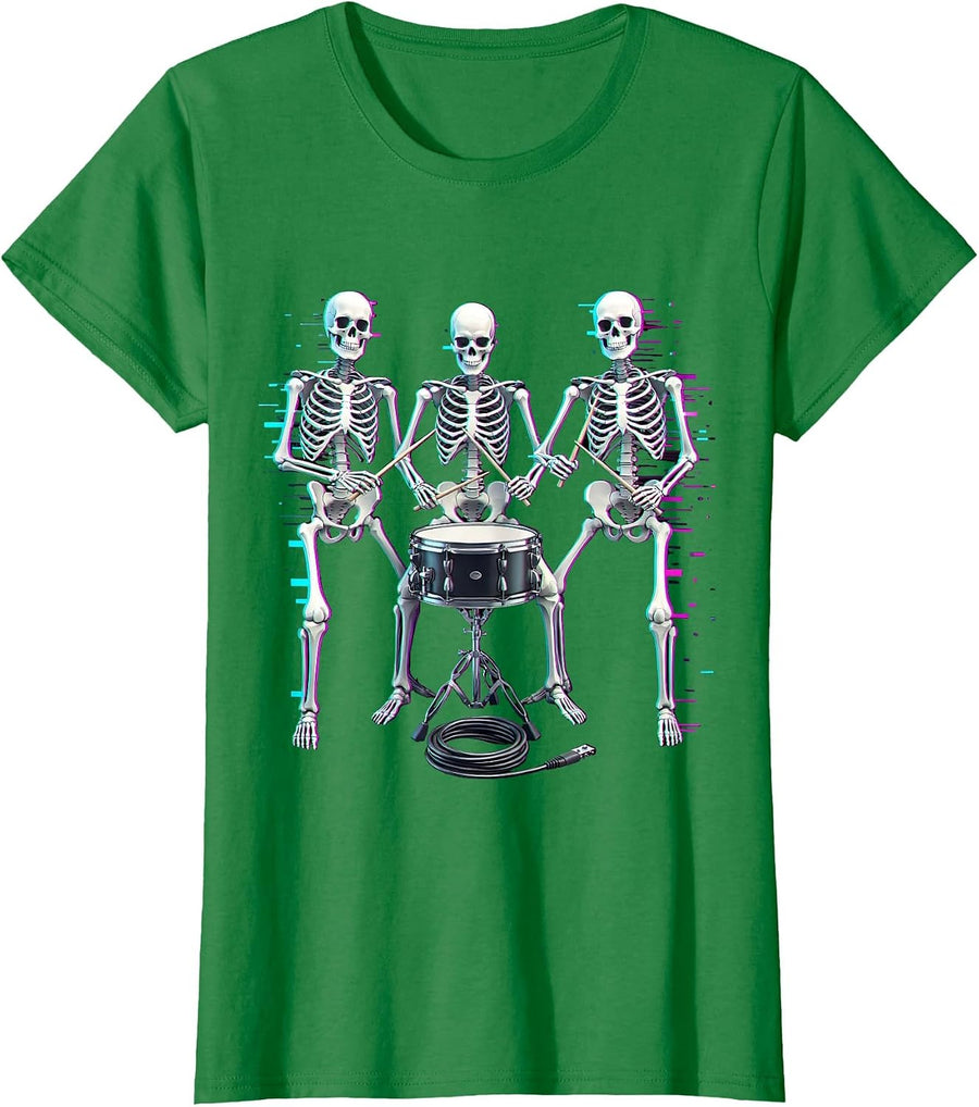 Women's Skeletal Drummers Glitch Punk Rock Music Fan T-Shirt - Kelly Green