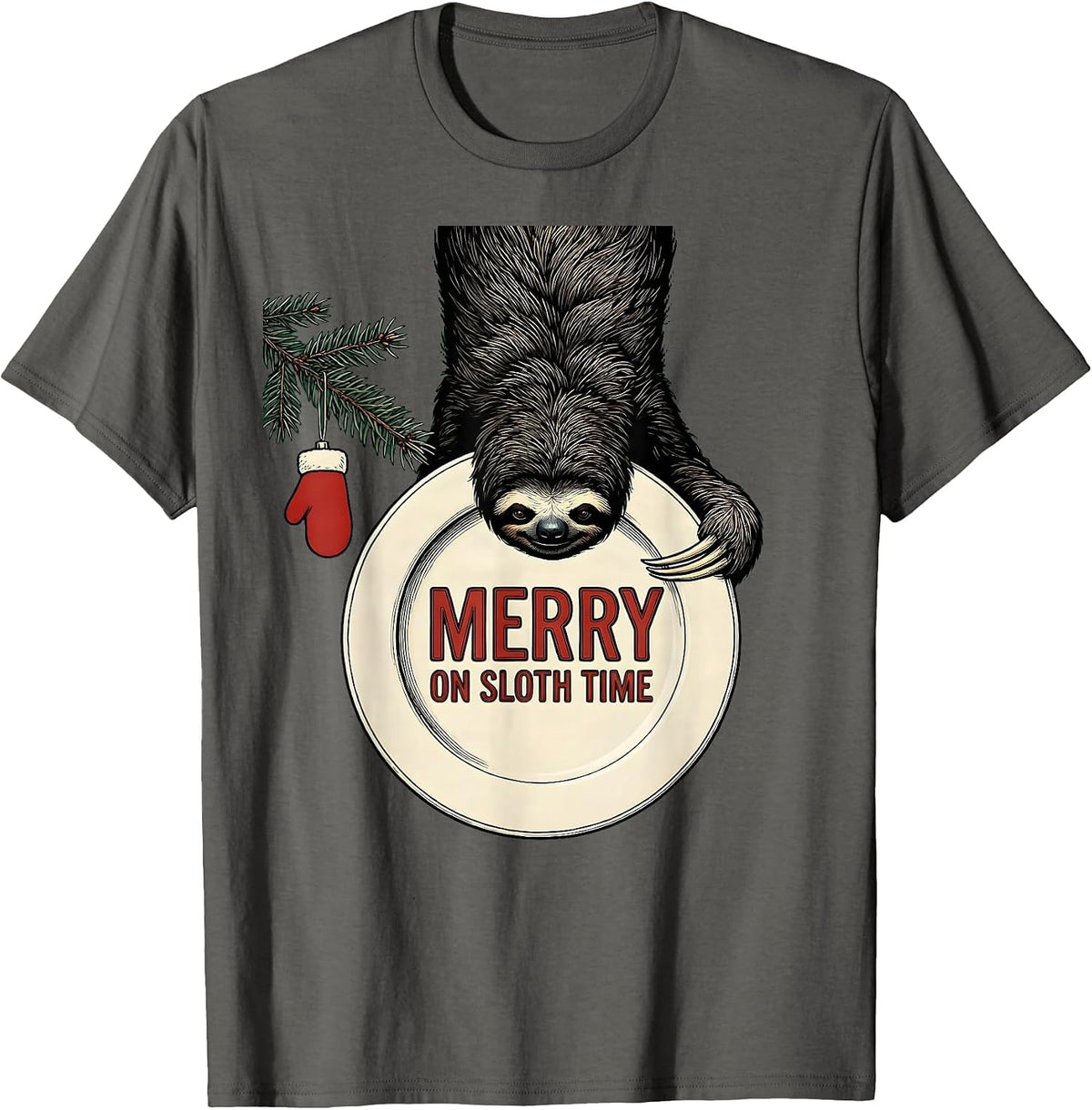 Men's Merry On Sloth Time Funny Sloth Lover Christmas Ugly Sweater T-Shirt - Asphalt Grey