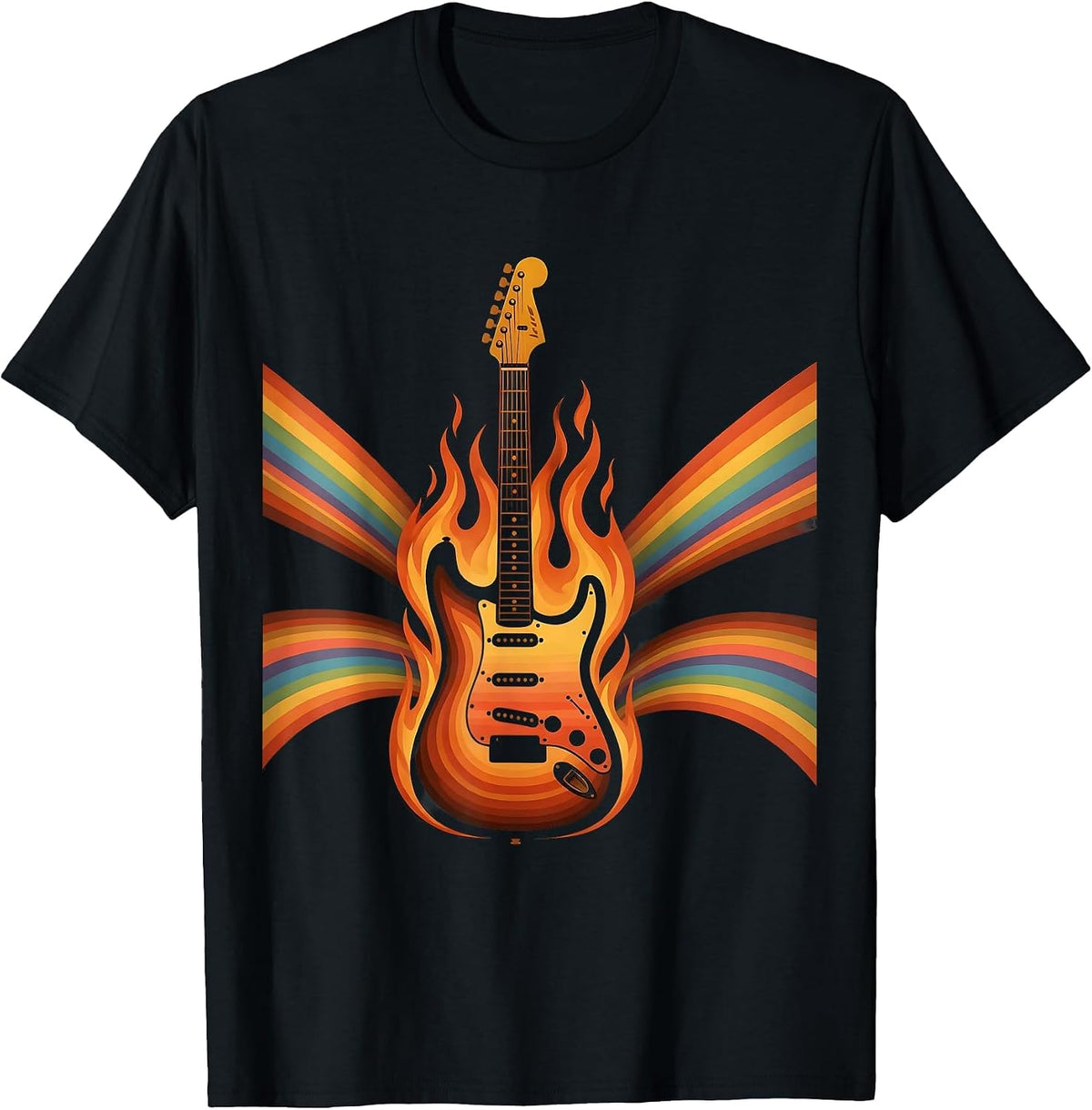 Men's Flaming Electric Guitar Rock Music Graphic T-Shirt - Black