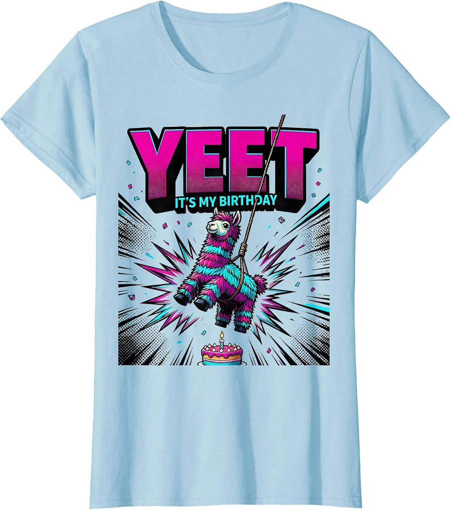 Women's Yeet It's My Birthday Funny Llama Pinata Gamer Birthday Boy T-Shirt - Baby Blue