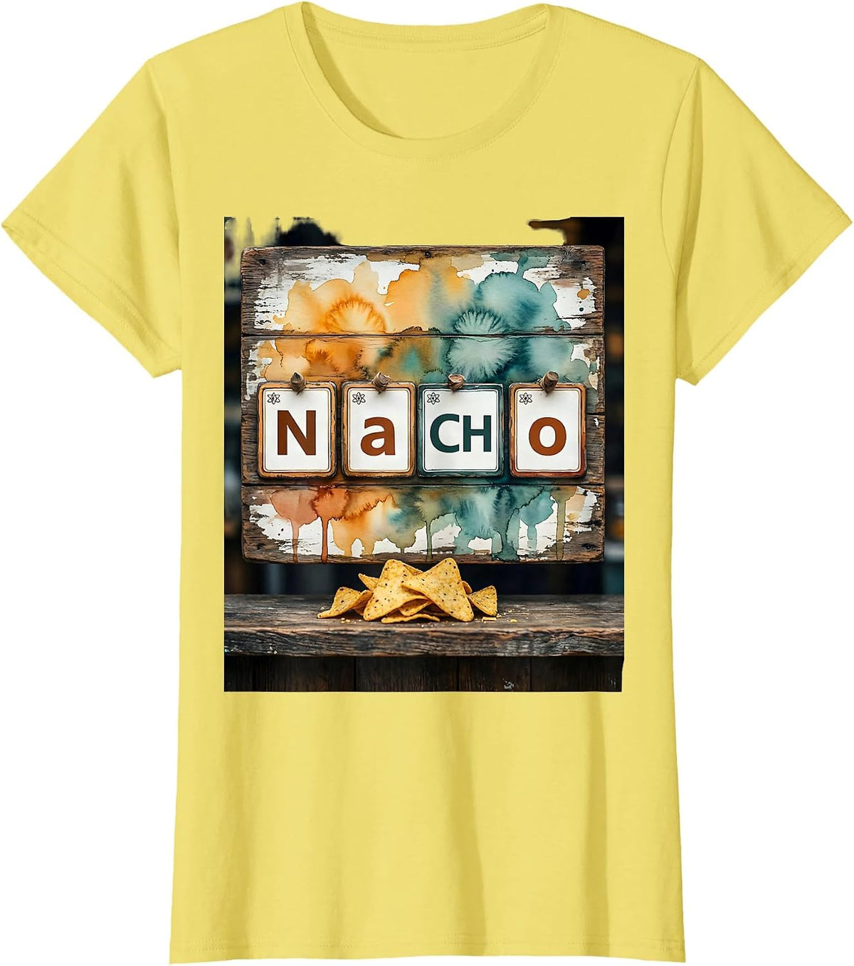NaCHo Weathered Wooden Signboard Chemistry Pun Science T-Shirt - Lemon Yellow