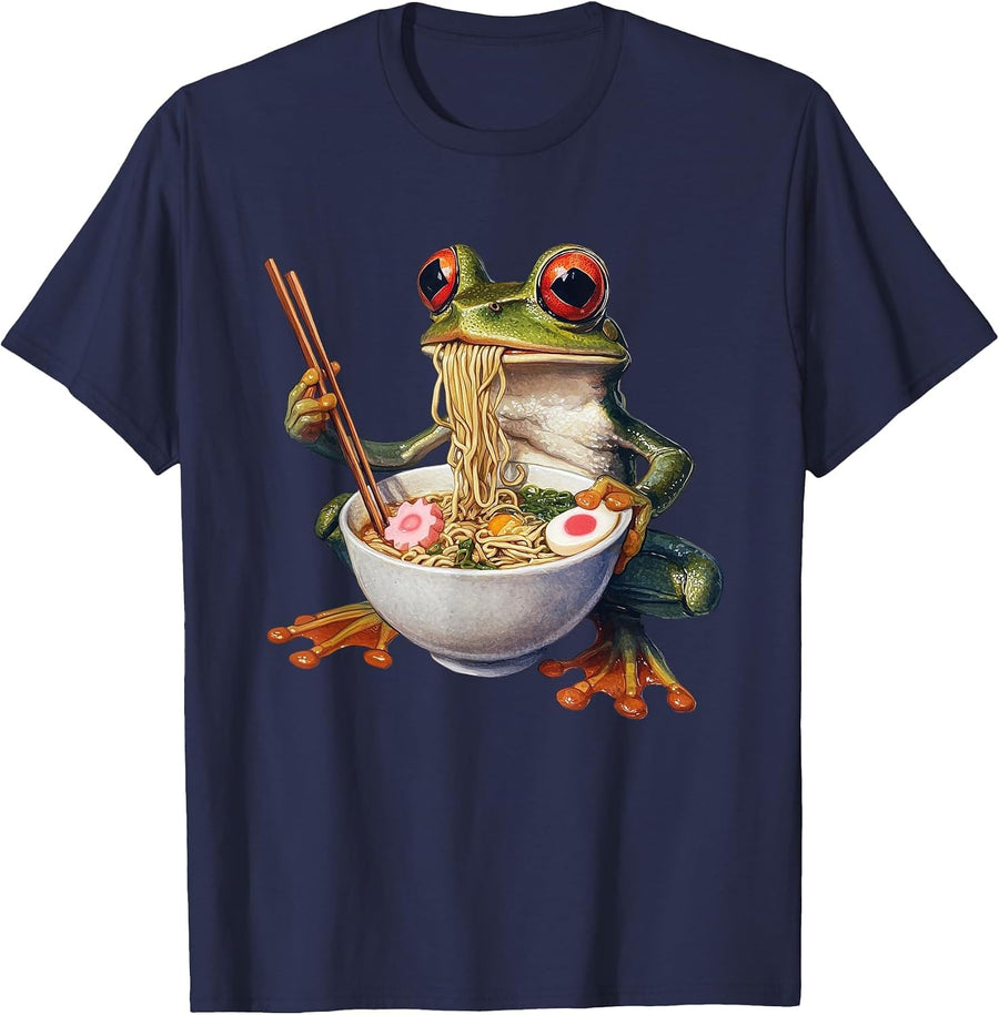 Frog Japanese Eating Ramen Japan Kawaii Funny Anime Graphic T-Shirt - Navy Blue