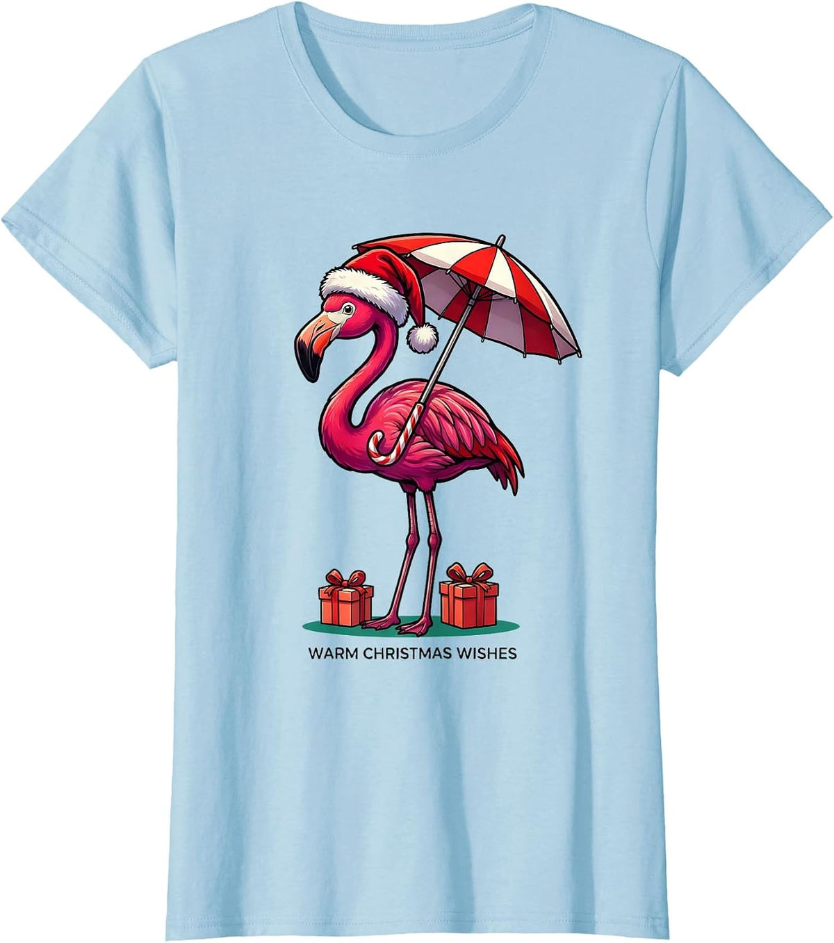 Warm Christmas Wishes Cartoon Pink Flamingo Santa Hat Funny T-Shirt - Baby Blue