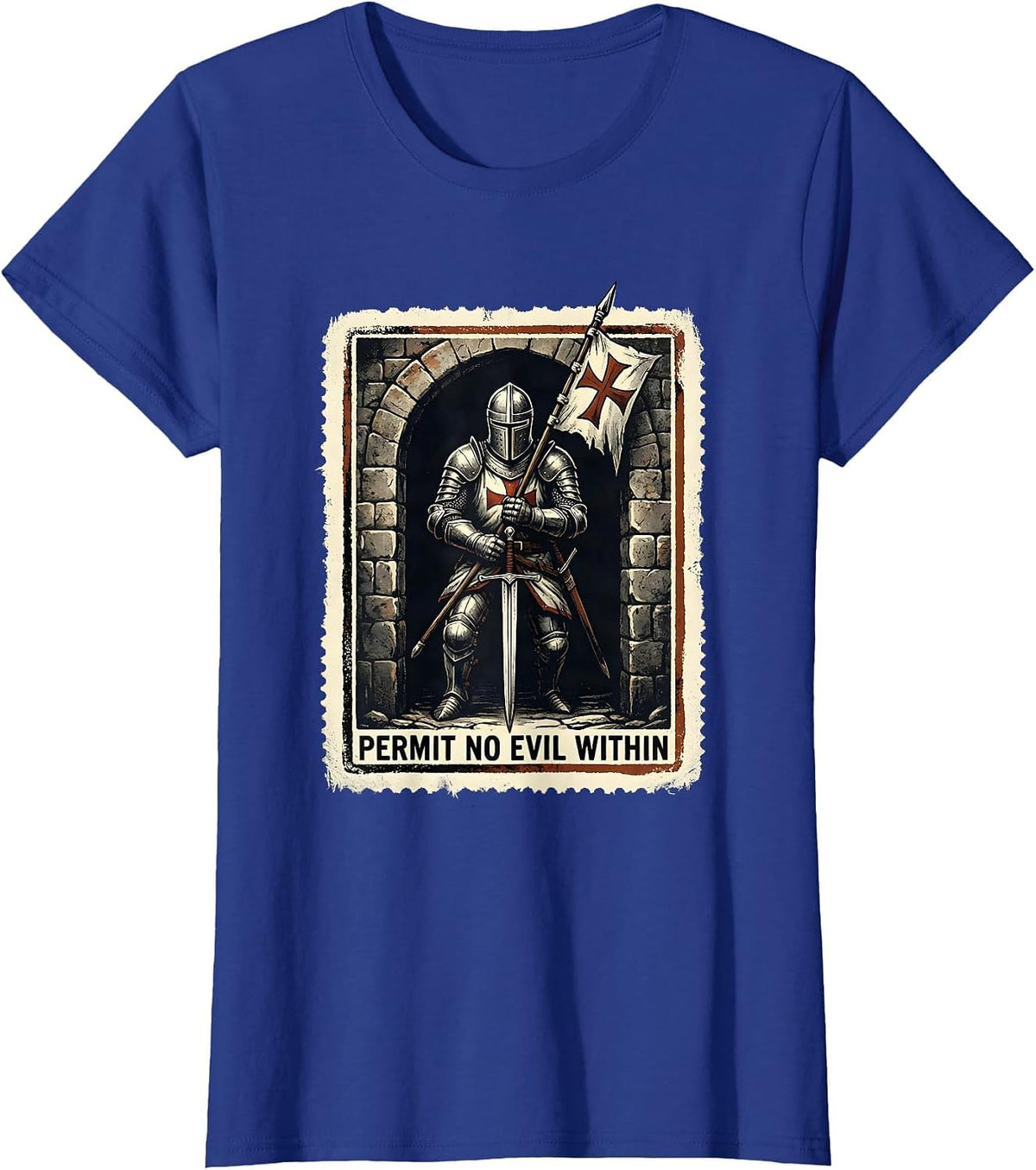 Women's Permit No Evil Within Rubber Stamp Knight Templar Crusader T-Shirt - Royal Blue