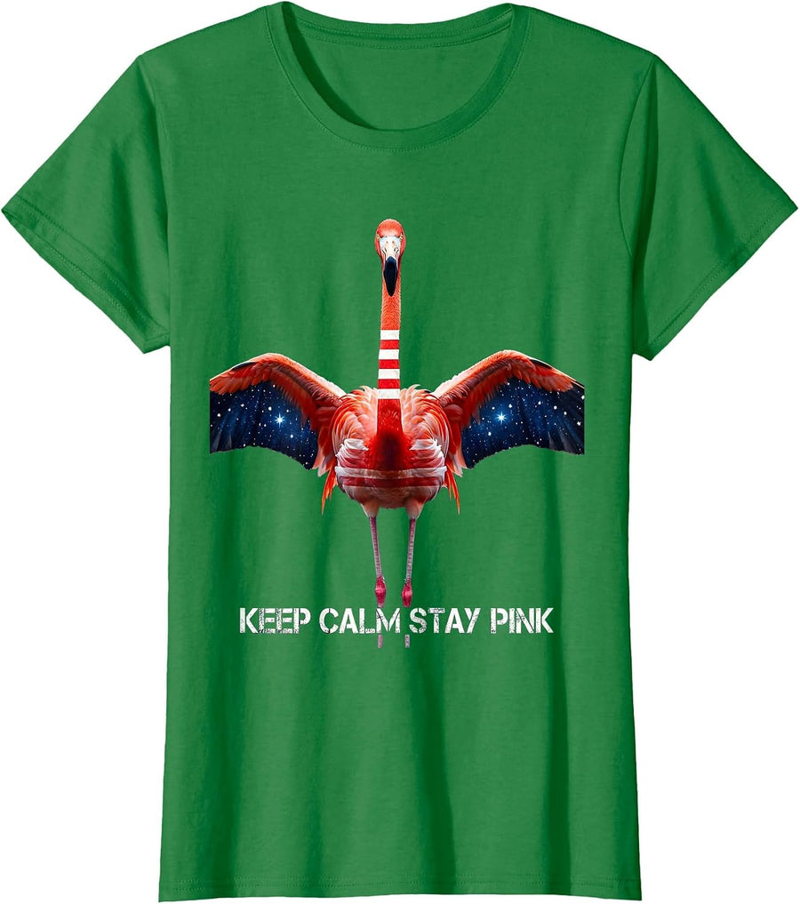 Women's Keep Calm Stay Pink Flamingo Graphic Design T-Shirt - Kelly Green