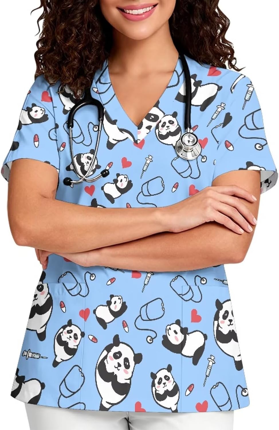 PinUp Angel Stylish V-Neck Cute Graphic Scrub Top for Women Short Sleeve with Pockets for Clinical Hospital Medical Use -