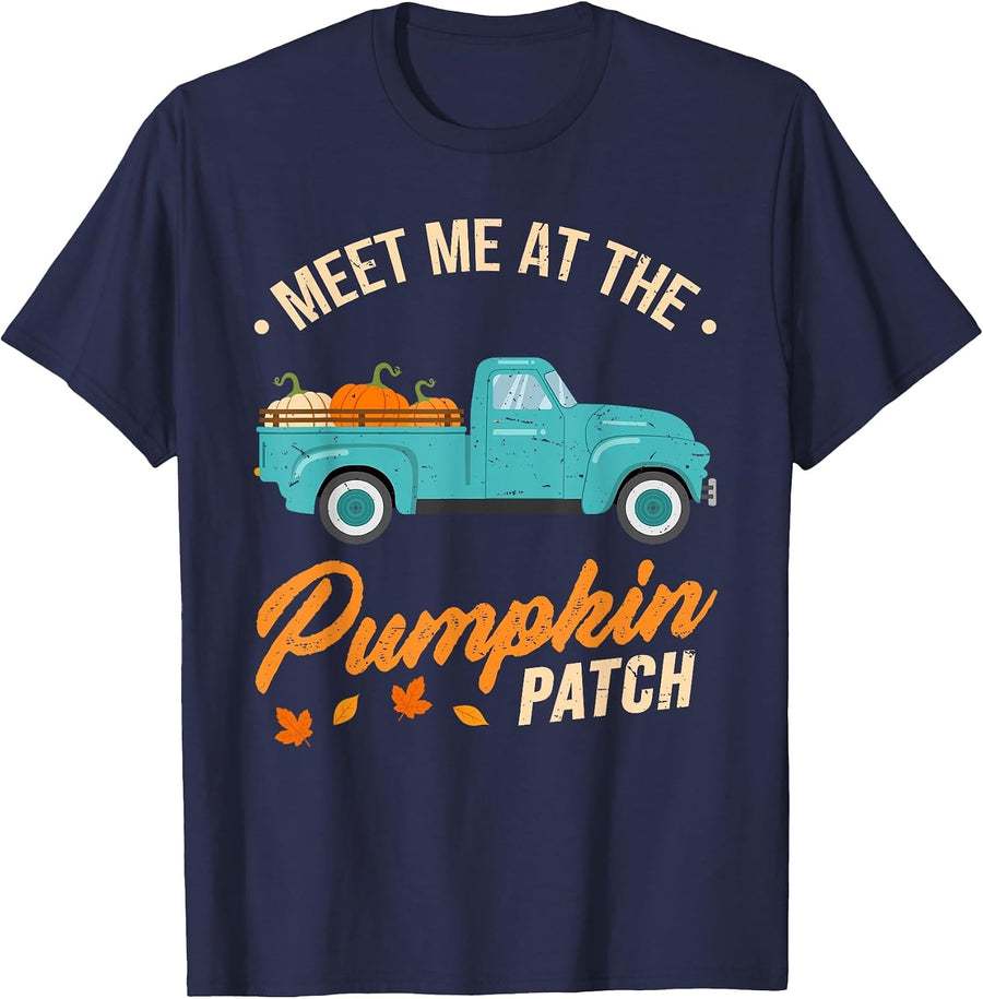 Meet Me At The Pumpkin Patch Truck Halloween Hello Fall 2026 T-Shirt - Navy Blue